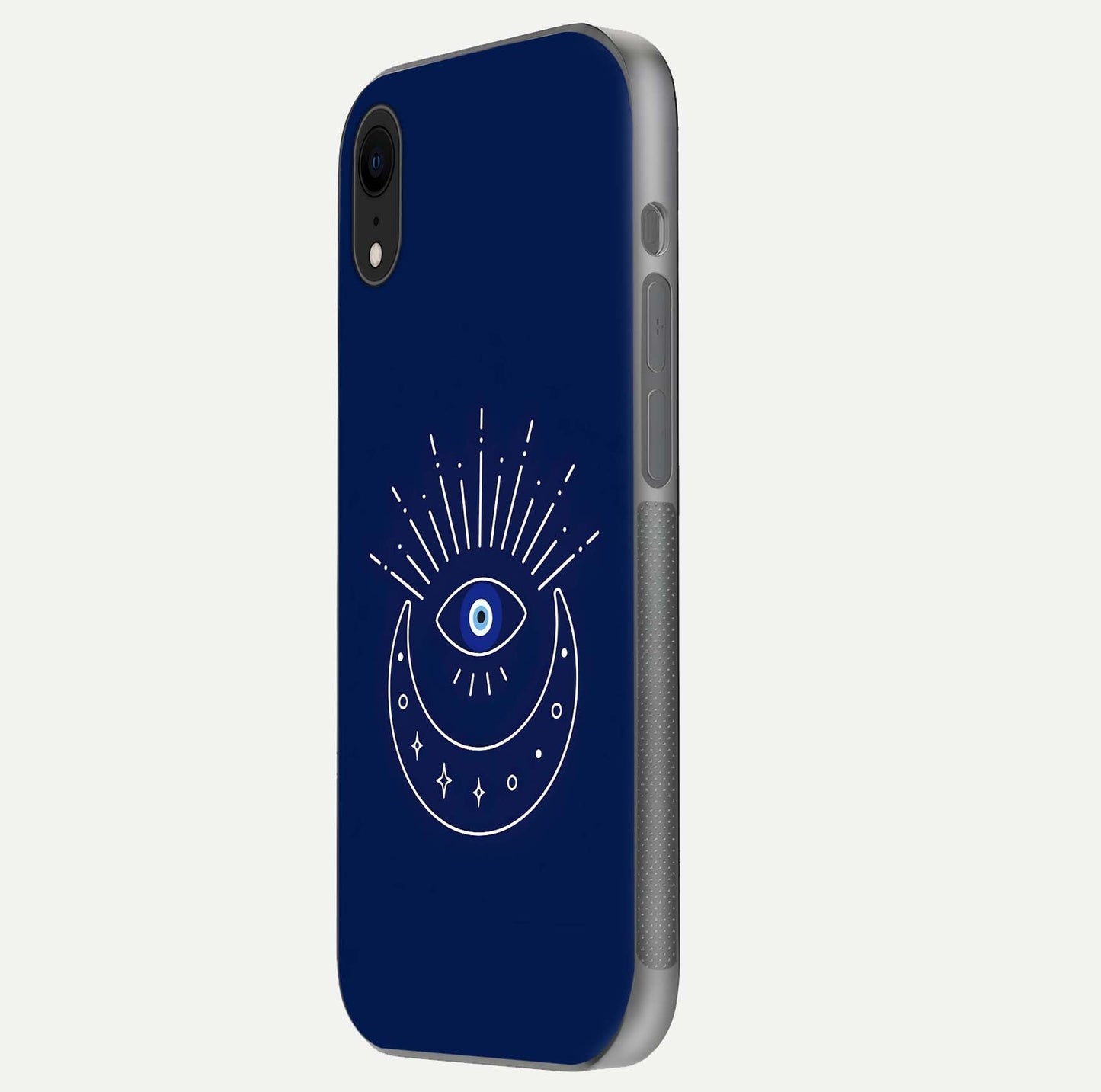 Blue Evil Eye Glass Case for iPhone Xr side-angle view showing edge glow, color balance, and reflective surface