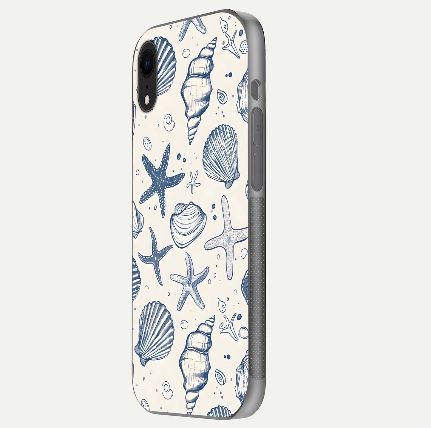 Blue Ocean Outline Glass Case for iPhone Xr side-angle view showing clear edge lines and oceanic blue glow