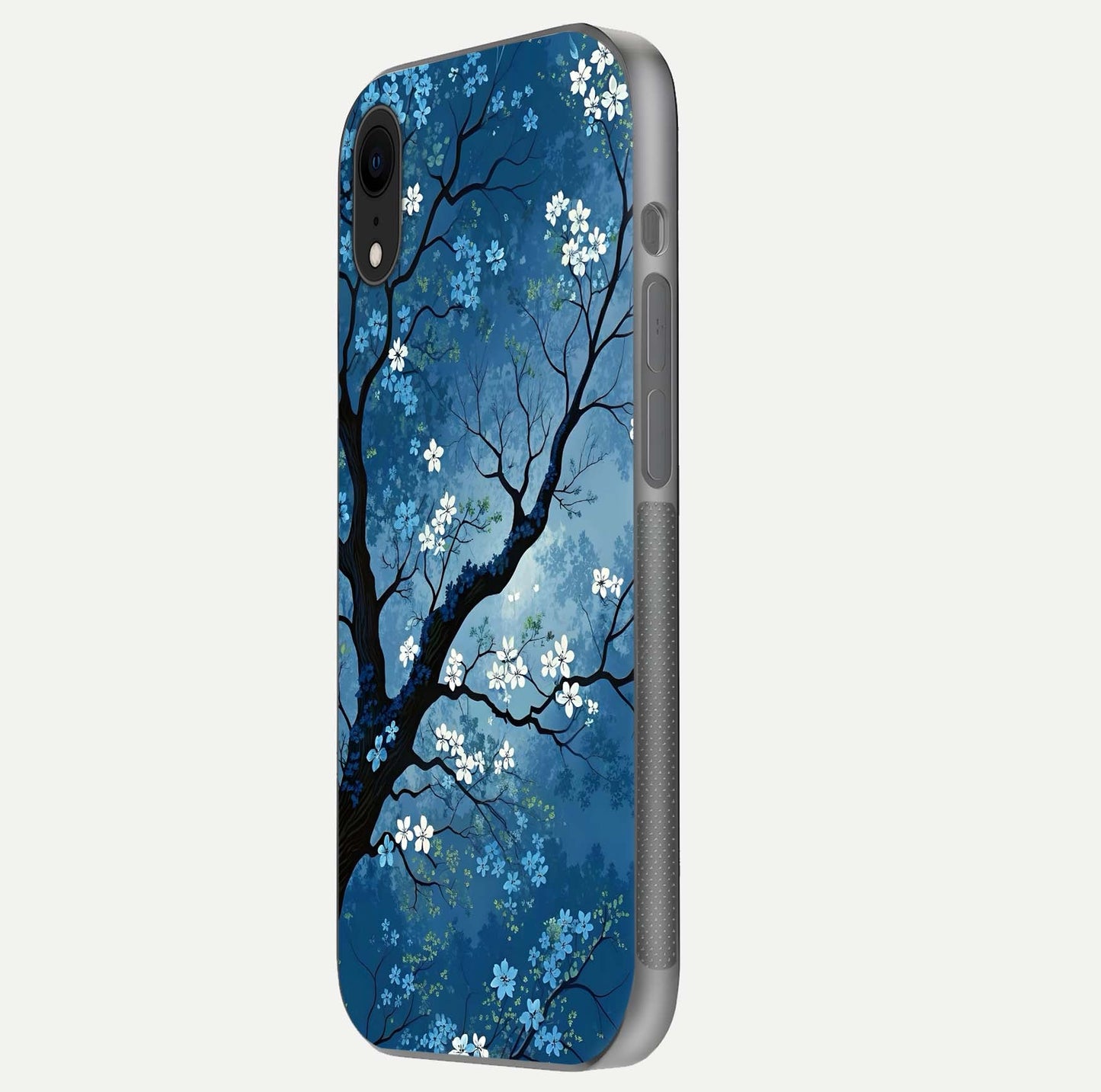 Blue Tree Serenity Glass Case for iPhone Xr side-angle shot showing glossy edge and tree pattern reflection