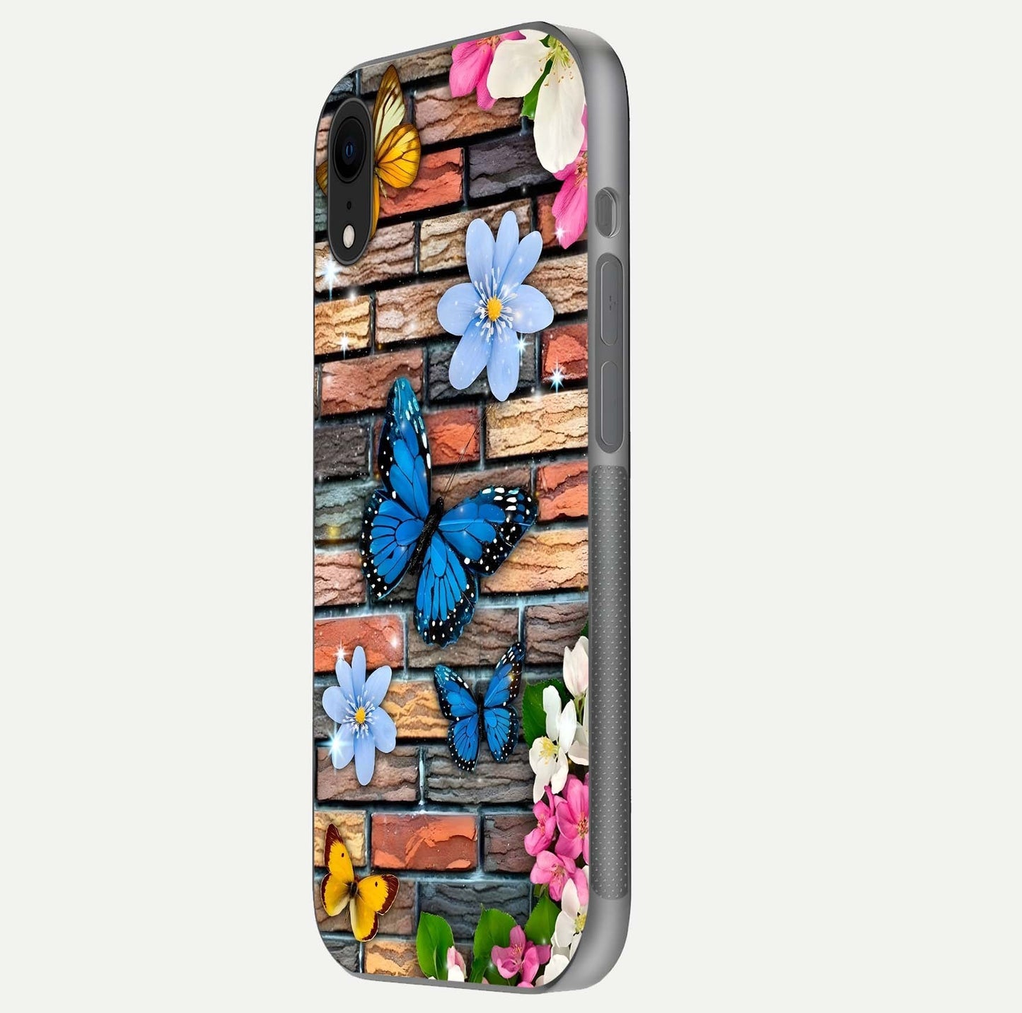 Brick Bloom Flight Glass Case for iPhone Xr side-angle photo showing curve shine and detailed petal contrast