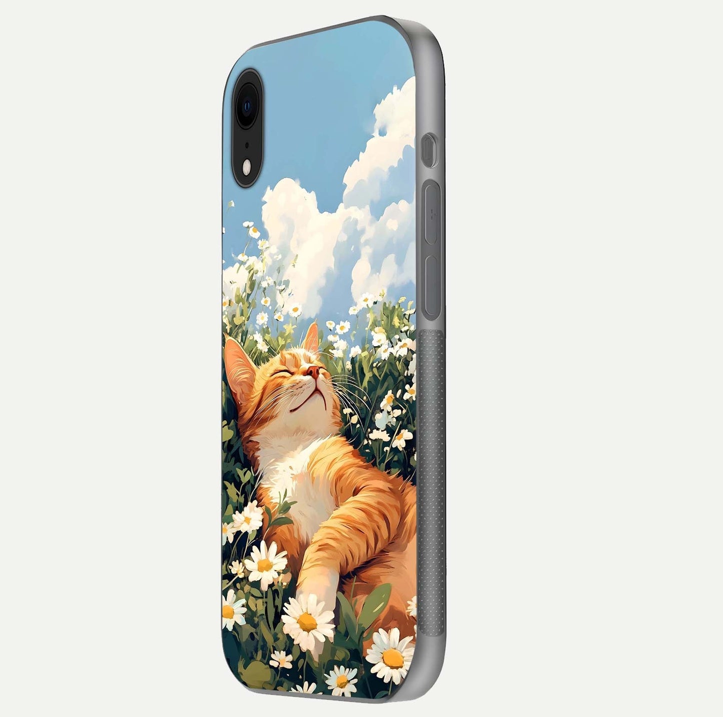 Cat & Flowers View Glass Case for iPhone Xr side-angle image capturing cat print clarity and gloss tone