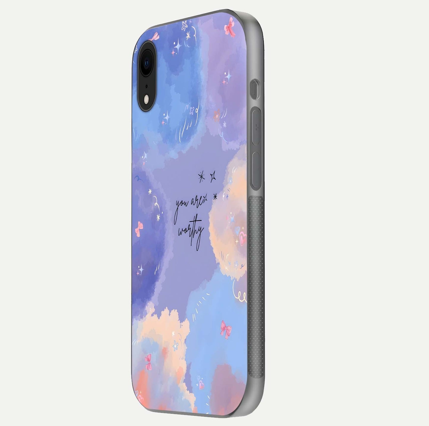 Celestial Cloud Magic Glass Case for iPhone Xr side-angle photo showing edge reflection and dreamy texture