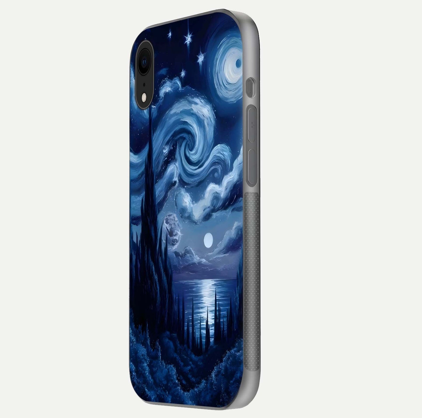 Celestial Dream Van Gogh Glass Case for iPhone Xr side-angle photo showing depth swirl design and curved reflection