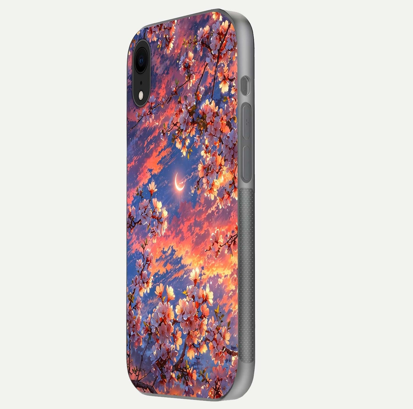 Celestial Sakura Sunset Glass Case for iPhone Xr side-angle image showing edge glow and petal texture