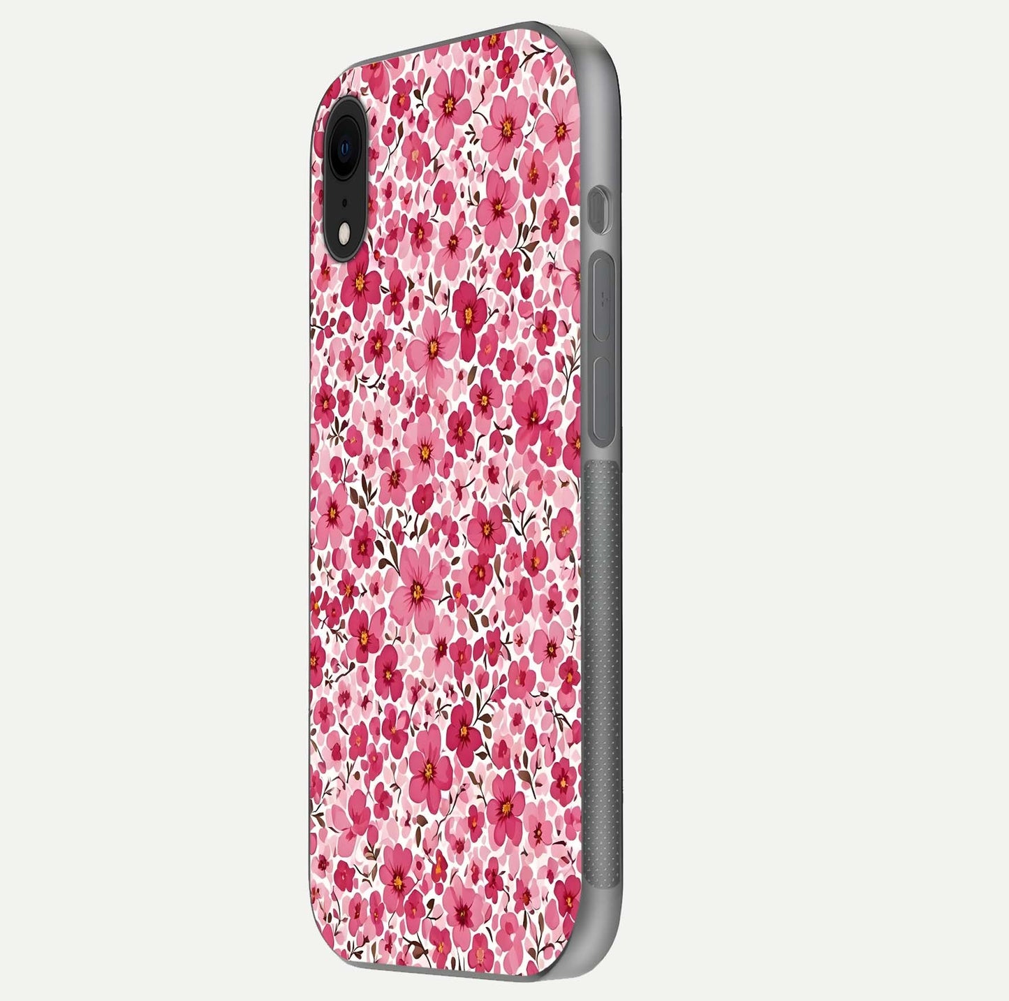 Cherry Blossom Charm Glass Case for iPhone Xr side-angle image showing reflection gloss and soft texture