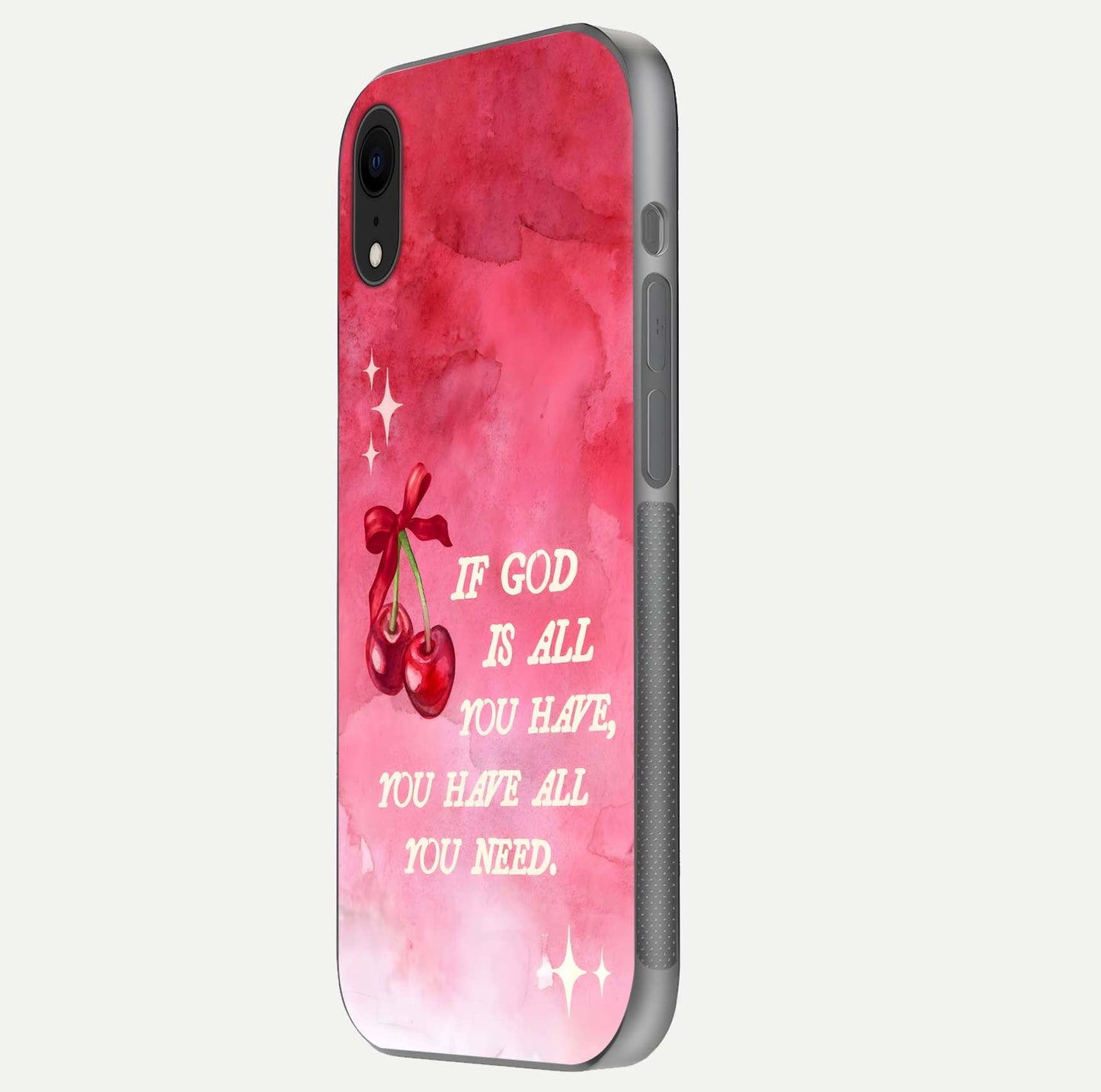 Cherry Quote Glass Case for iPhone Xr side-angle image showing curve glow and glass detail