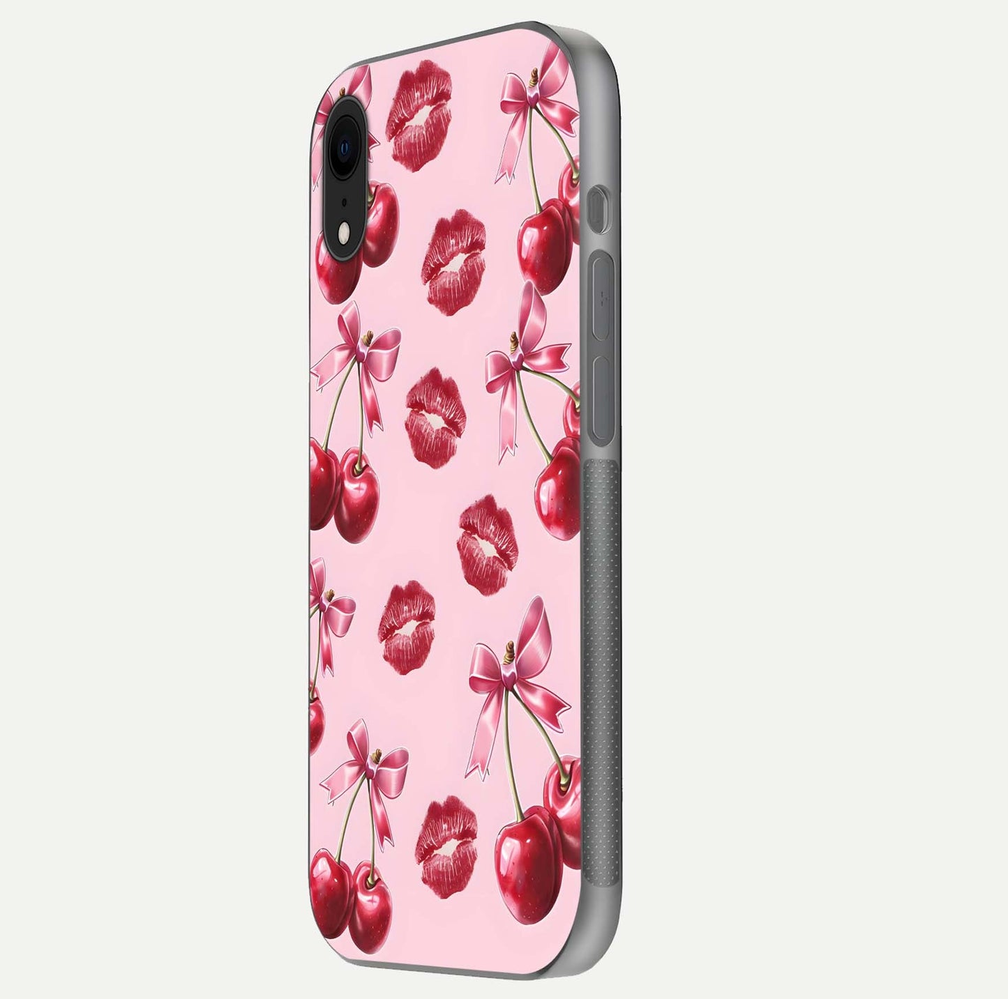 Cherry With Lips Glass Case for iPhone Xr side-angle image showing gloss reflection and fine details