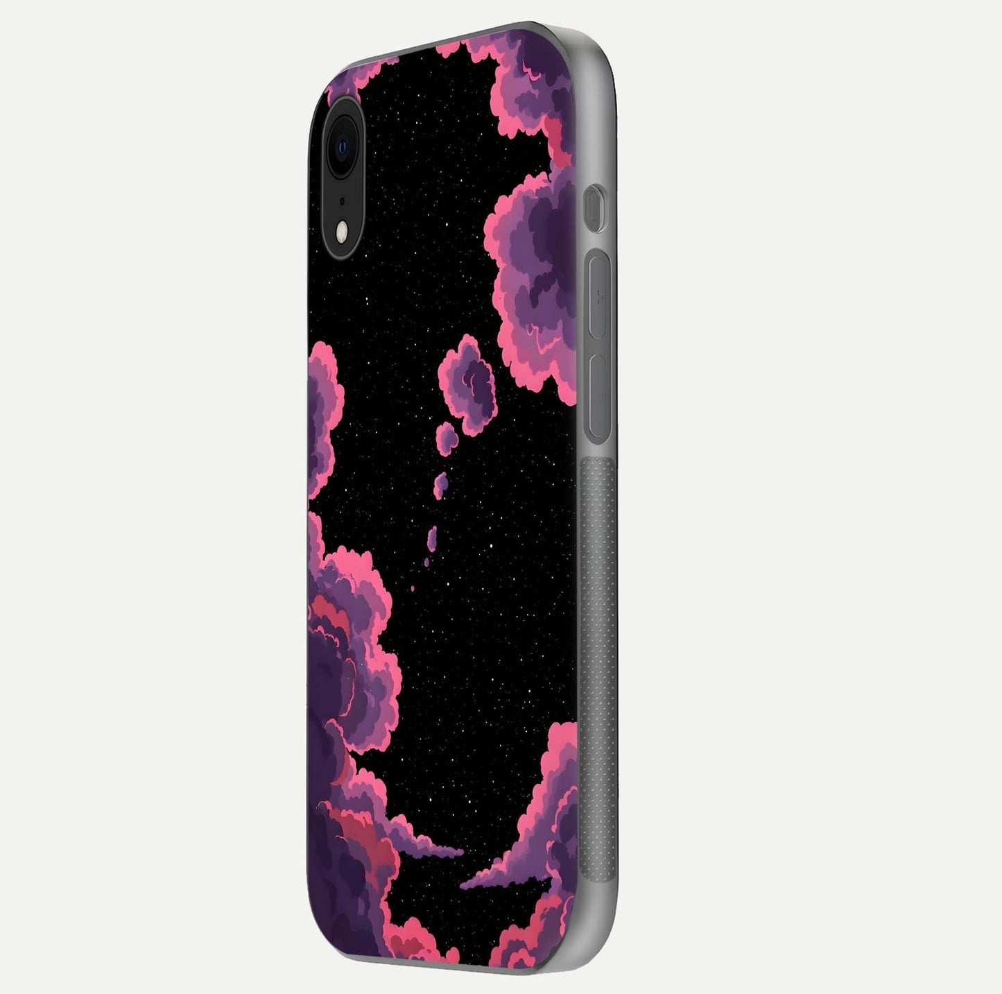 Cosmic Cloud Journey Glass Case for iPhone Xr side-angle photo showing glass reflection and smooth tone