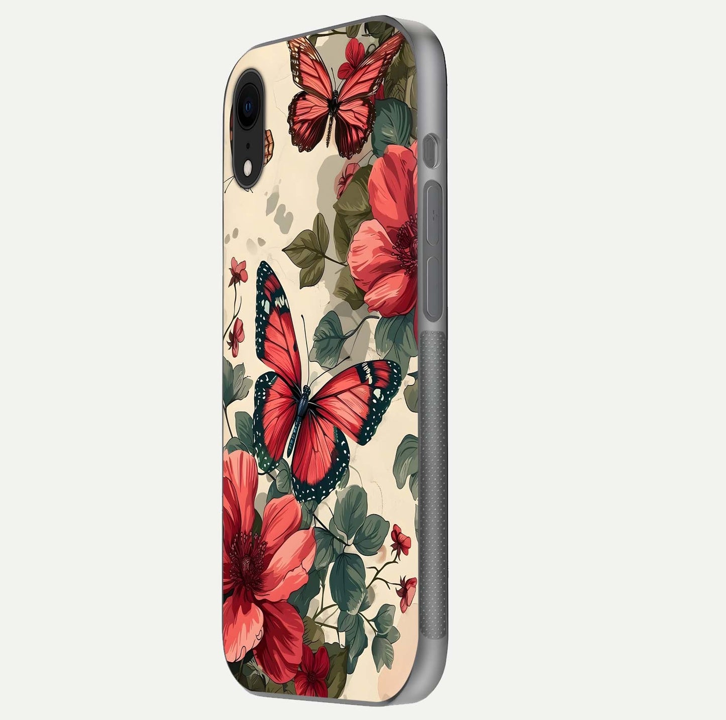 Crimson Butterfly Garden Glass Case for iPhone Xr side-angle photo capturing gloss texture and soft tone