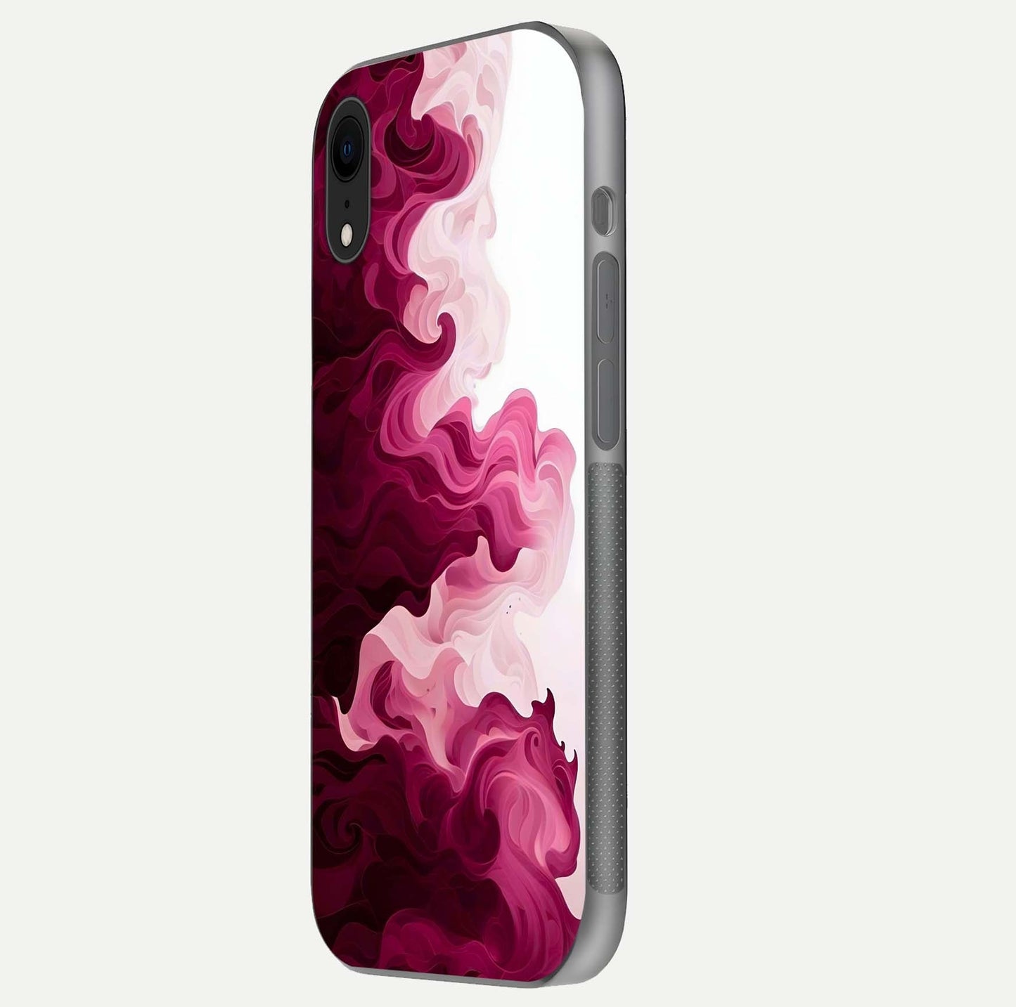 Crimson Wave Flow Glass Case for iPhone Xr side-angle photo showing reflection glow and HD finish