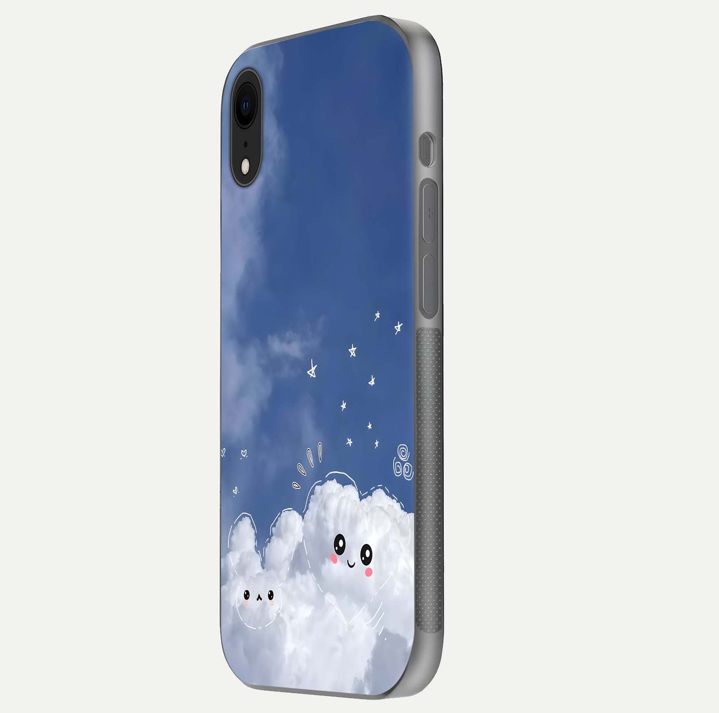 Cute Blossom Cloud Glass Case for iPhone Xr side-angle image capturing gloss texture and curve reflection