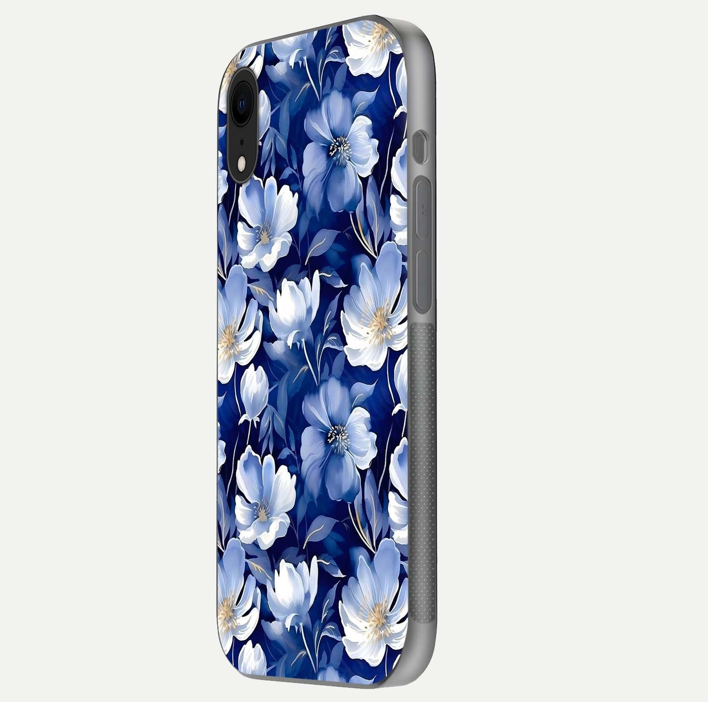 Cute Floral Patterns Glass Case for iPhone Xr side-angle image showing polished surface and gloss tone