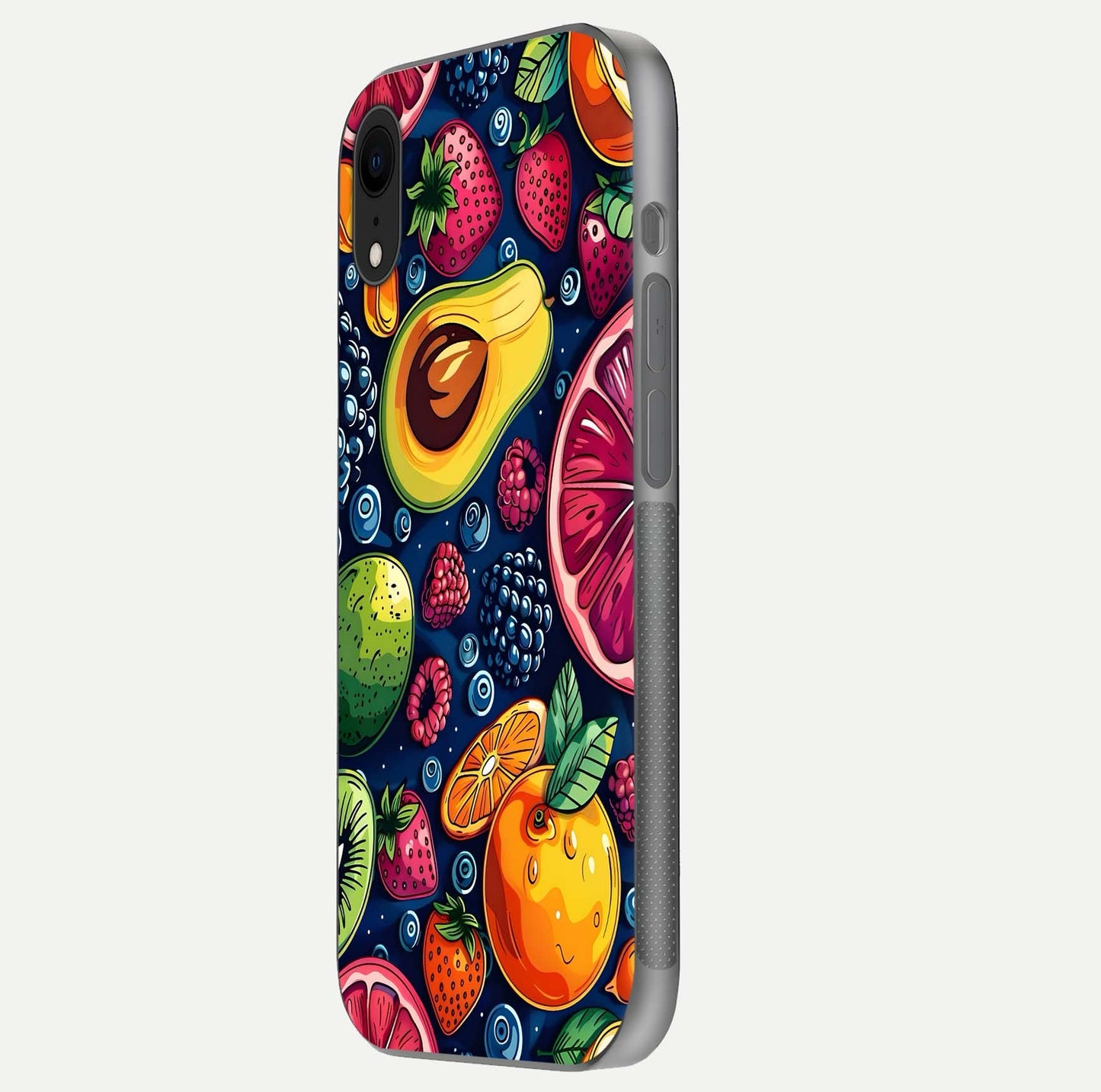Cute Fruits Art Glass Case for iPhone Xr side-angle photo showing reflective finish and smooth edges