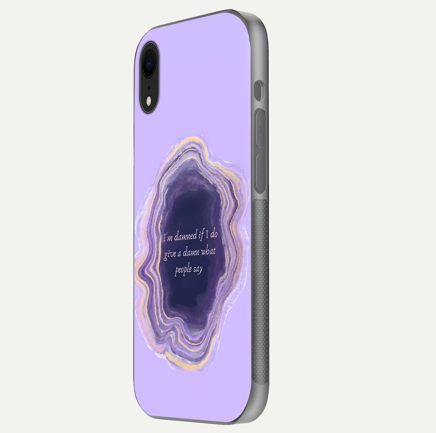 Damned People Quote Glass Case for iPhone Xr side-angle image showing light shine and smooth edges