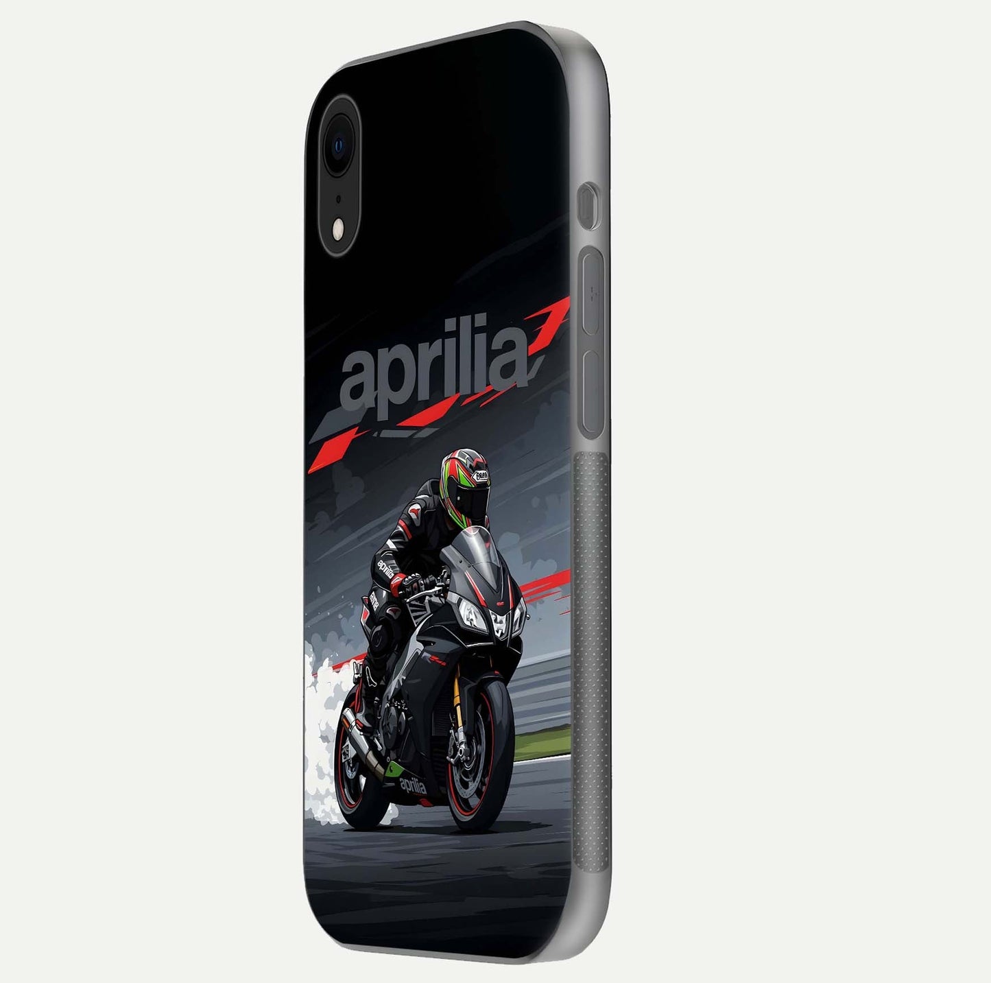 Dark Aprilla Glass Case for iPhone Xr side-angle photo showing reflection gloss and curved edge finish