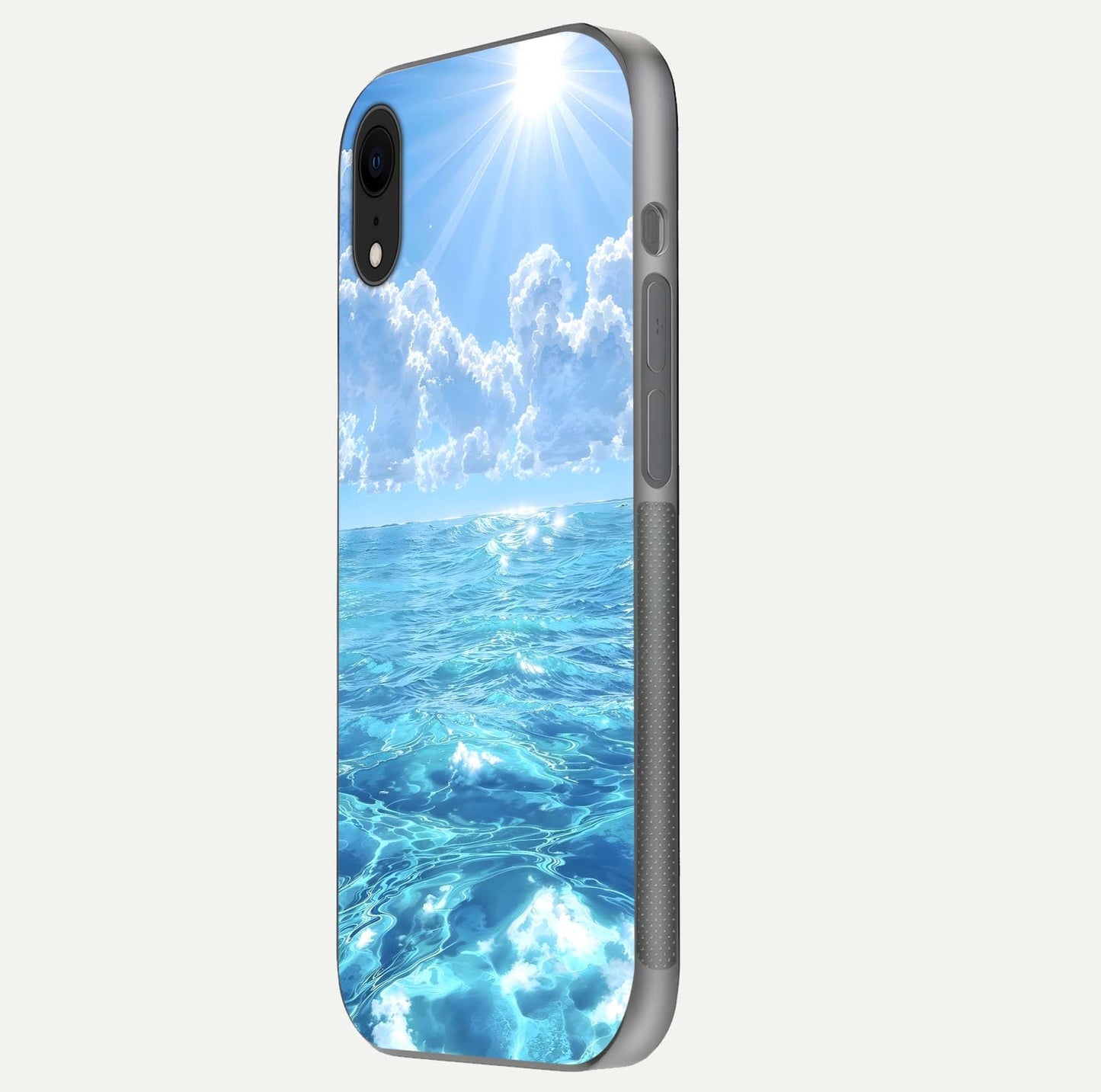 Endless Ocean Horizon Glass Case for iPhone Xr side-angle photo showing reflection glow and wave tone