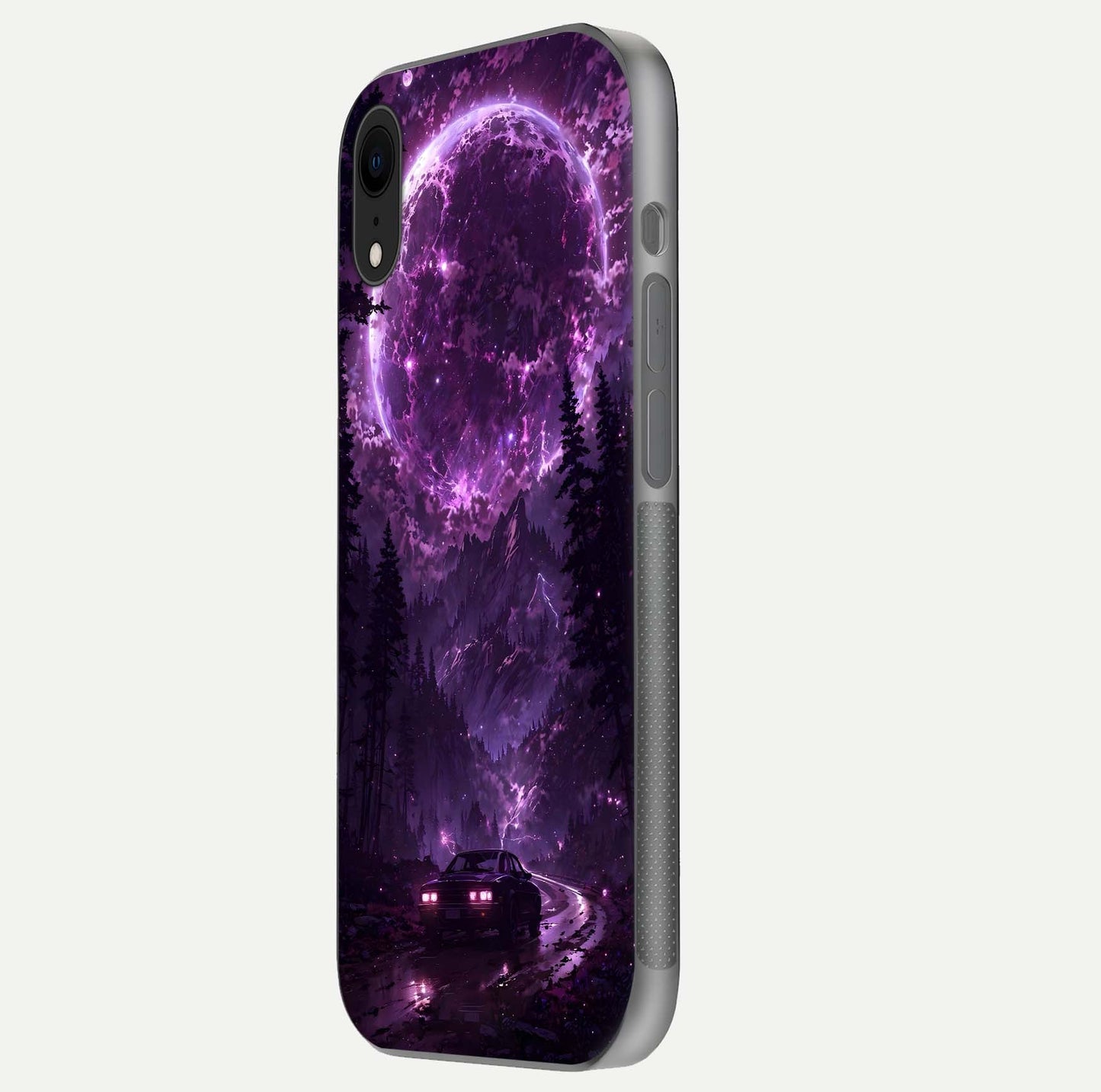Eternal Cosmic Drive Glass Case for iPhone Xr side-angle image showing reflection texture and color contrast