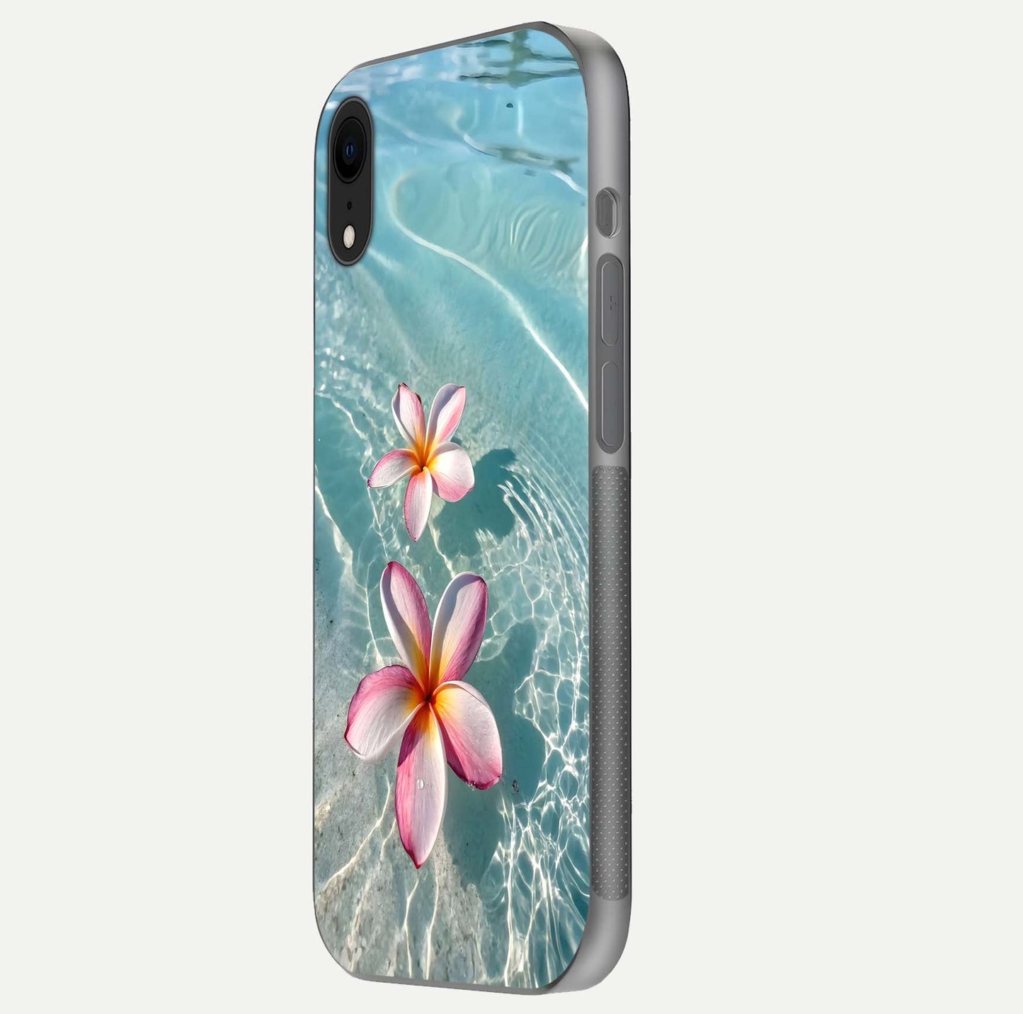 Floating Bloom Bliss Glass Case for iPhone Xr side-angle photo showing smooth reflection and elegant curve