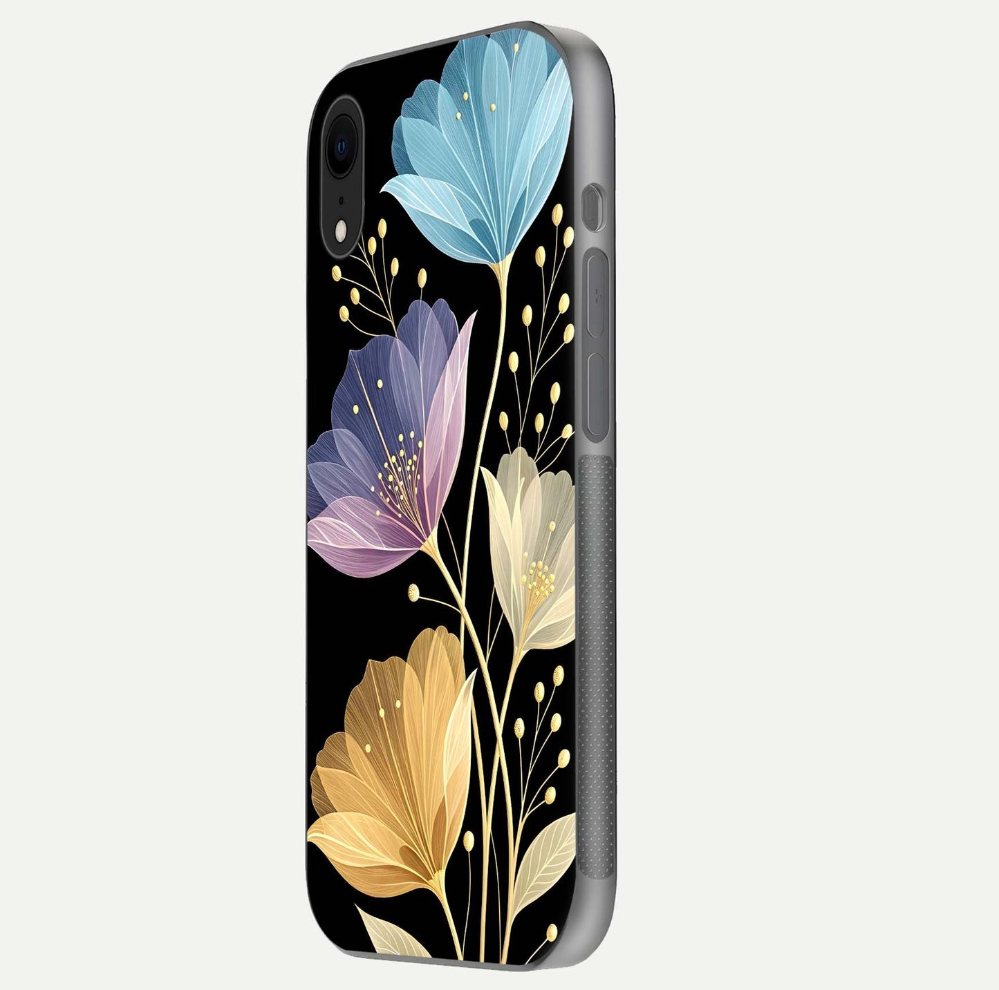 Flower Bloom Glow Glass Case for iPhone Xr side-angle image capturing gloss reflection and flower glow