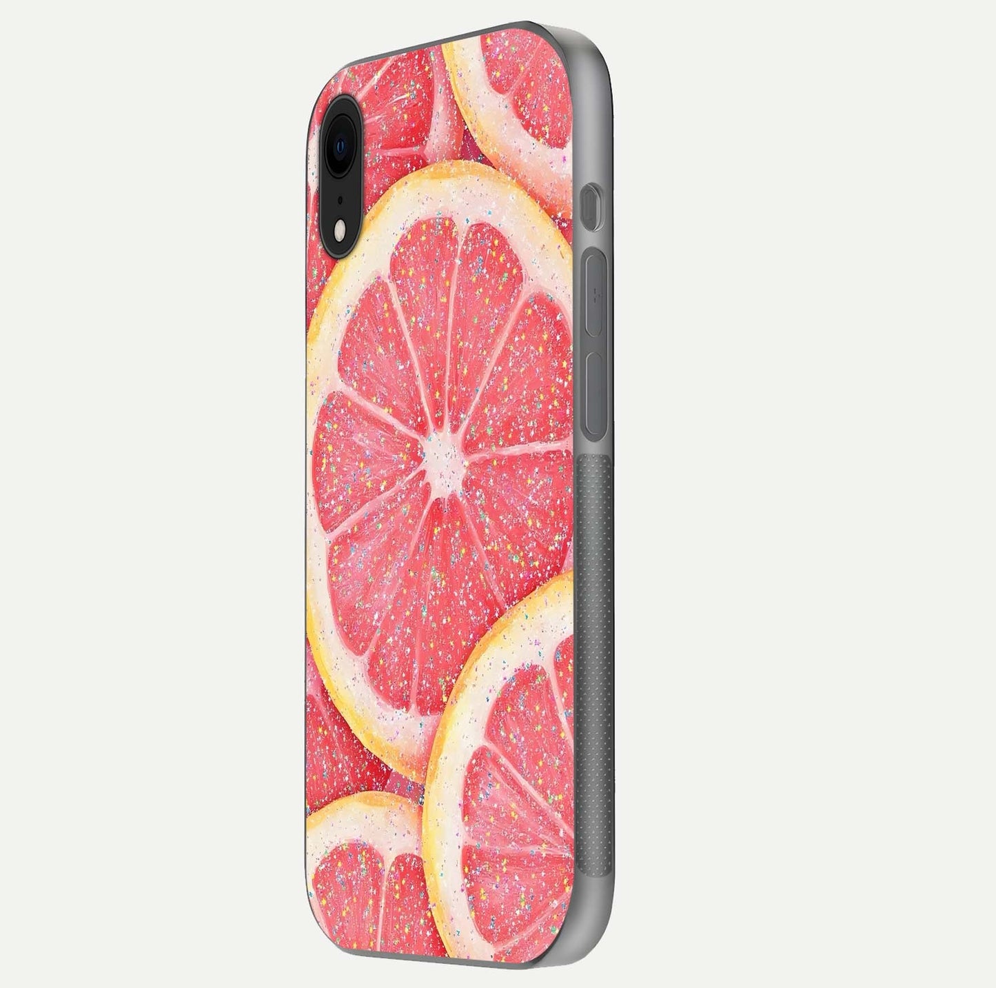 Glitter Grapefruit Glass Case for iPhone Xr side-angle image showing reflection glow and polished edges