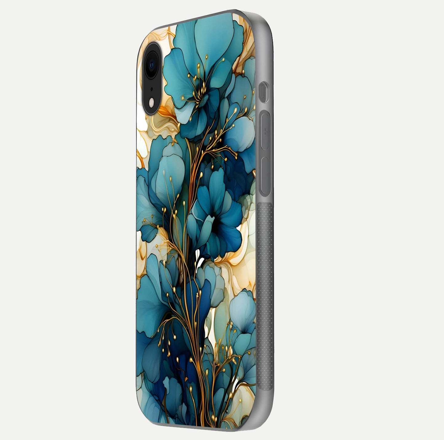 Golden Bloom Symphony Glass Case for iPhone Xr side-angle image showing golden glow, light reflection, and premium surface