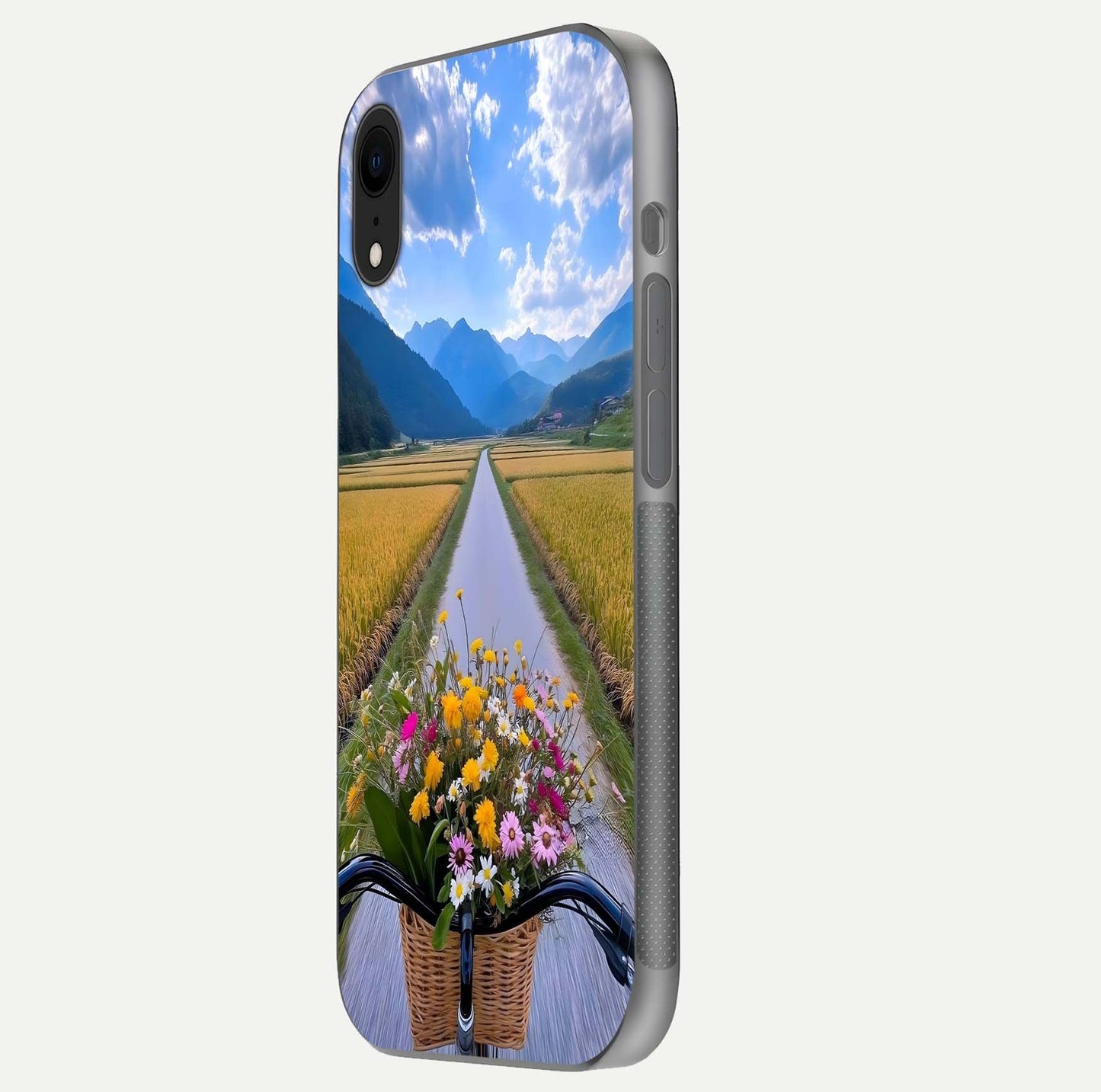 Golden Field Journey Glass Case for iPhone Xr side-angle image showing golden glow, reflection shine, and curved edge