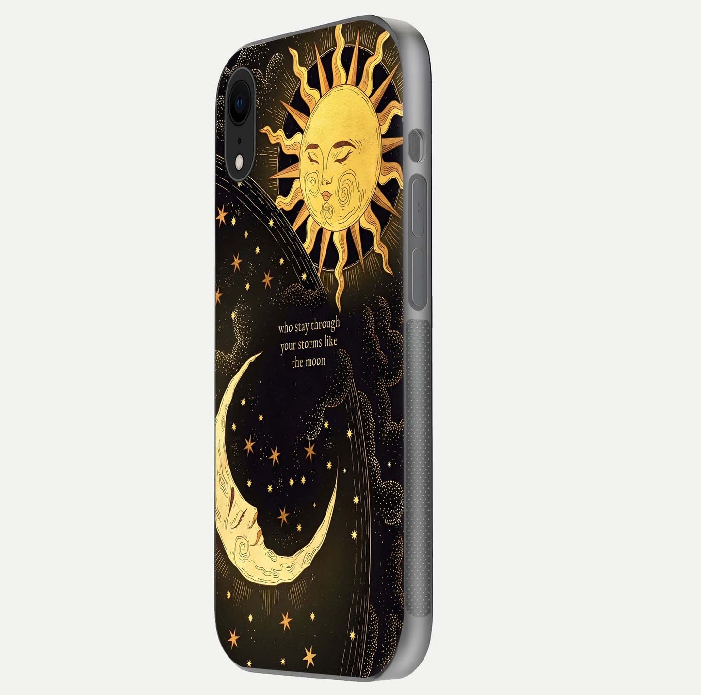 Golden Lunar Love Glass Case for iPhone Xr side-angle image showing reflection brilliance and smooth golden tone