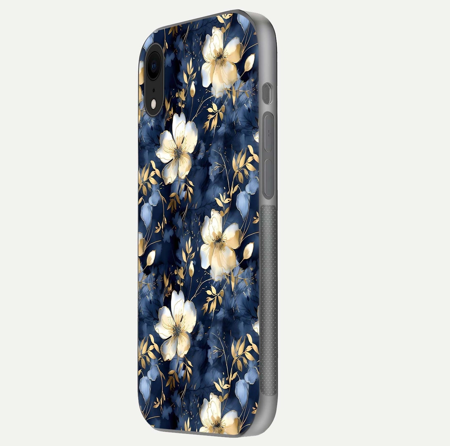 Golden Midnight Bloom Glass Case for iPhone Xr side-angle image showing shine depth and elegant edge design