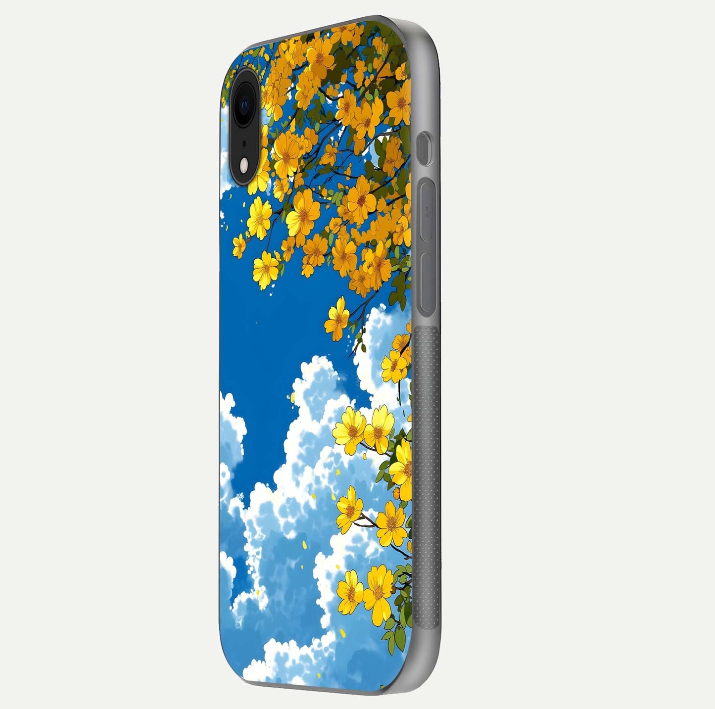 Golden Petal Sky Glass Case for iPhone Xr side-angle image showing reflection depth and metallic floral tones