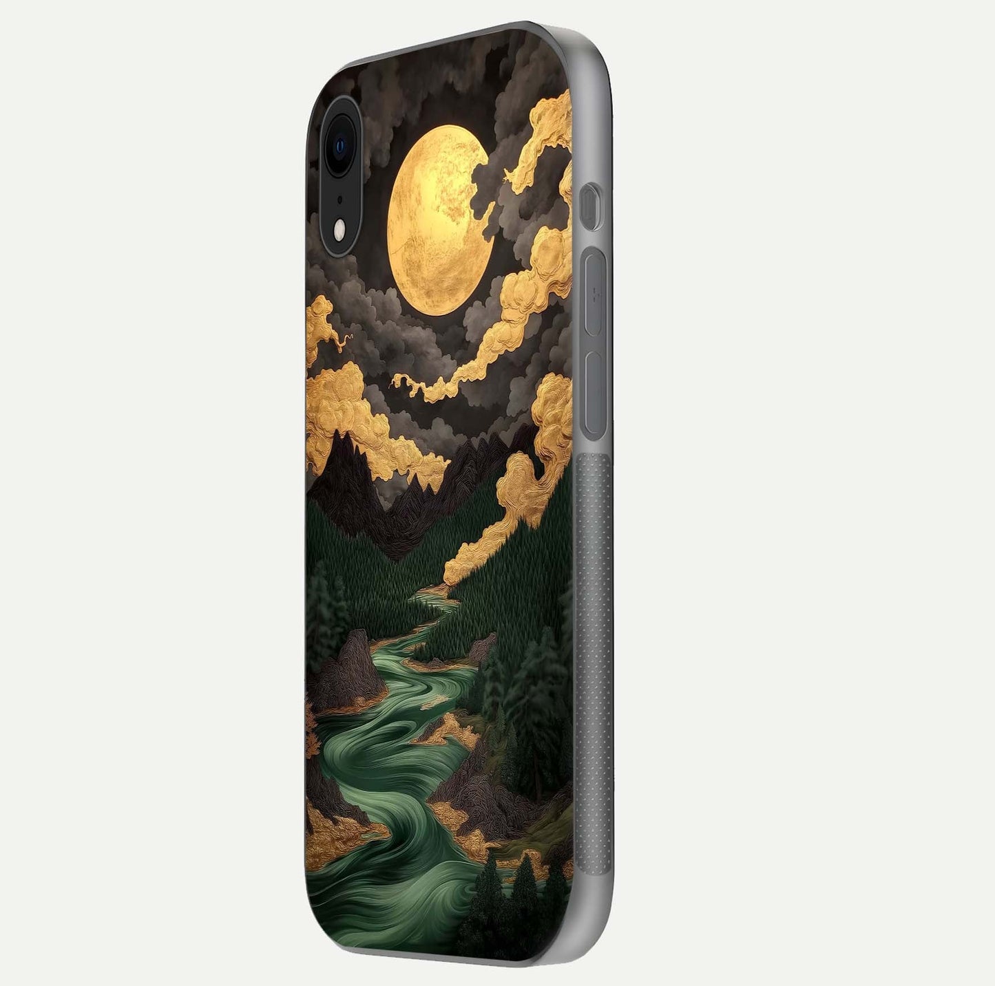 Golden River Moon Glass Case for iPhone Xr side-angle image showing reflection clarity and detailed nightscape