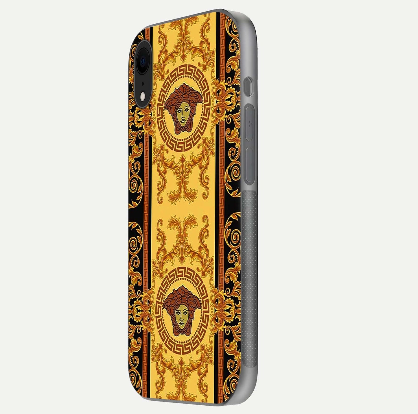 Golden Royal Heritage Glass Case for iPhone Xr side-angle image showing reflection glow and luxury detailing