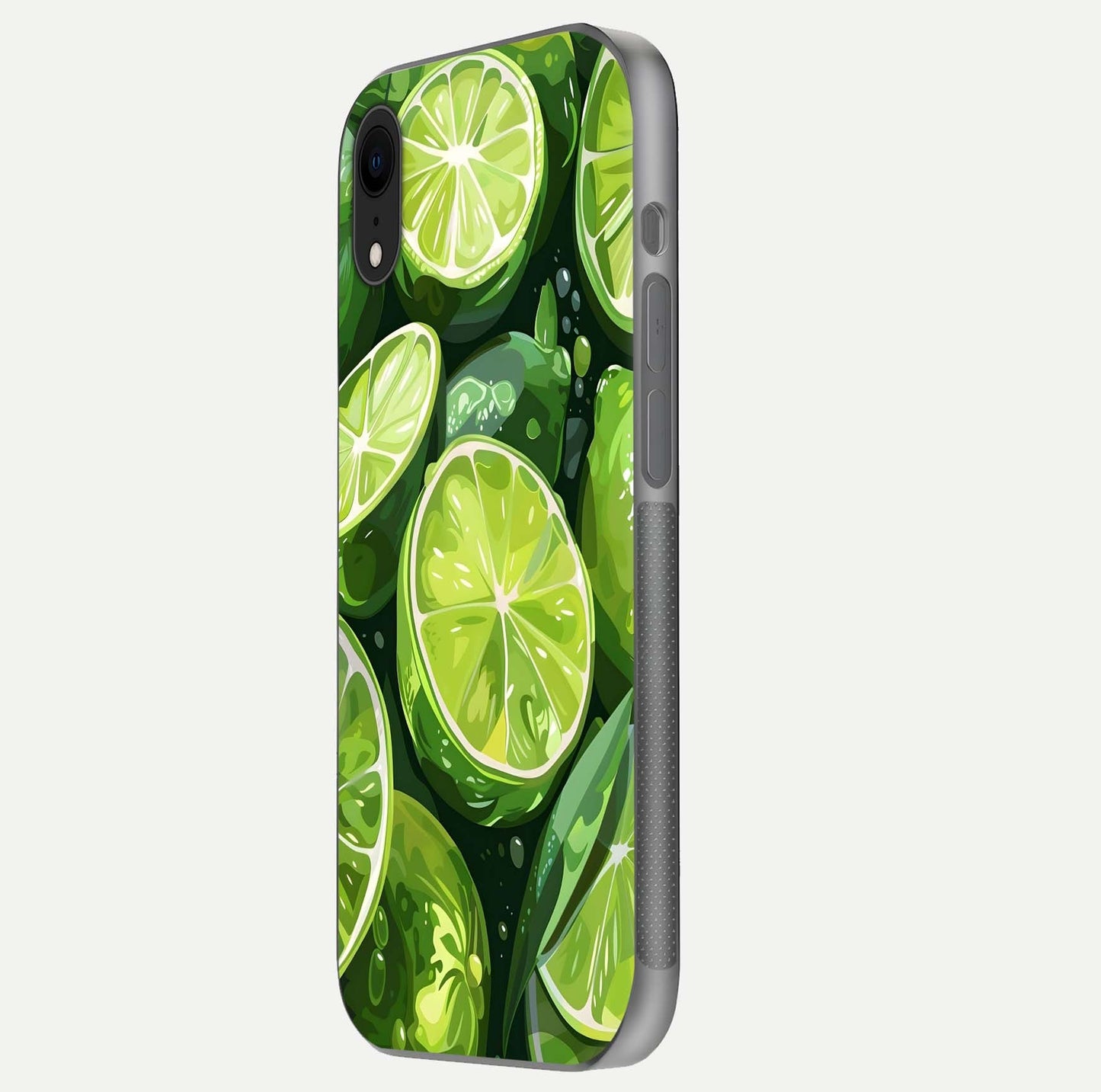 Green Lemon Glass Case for iPhone Xr side-angle image showing reflection glow and juicy color tones