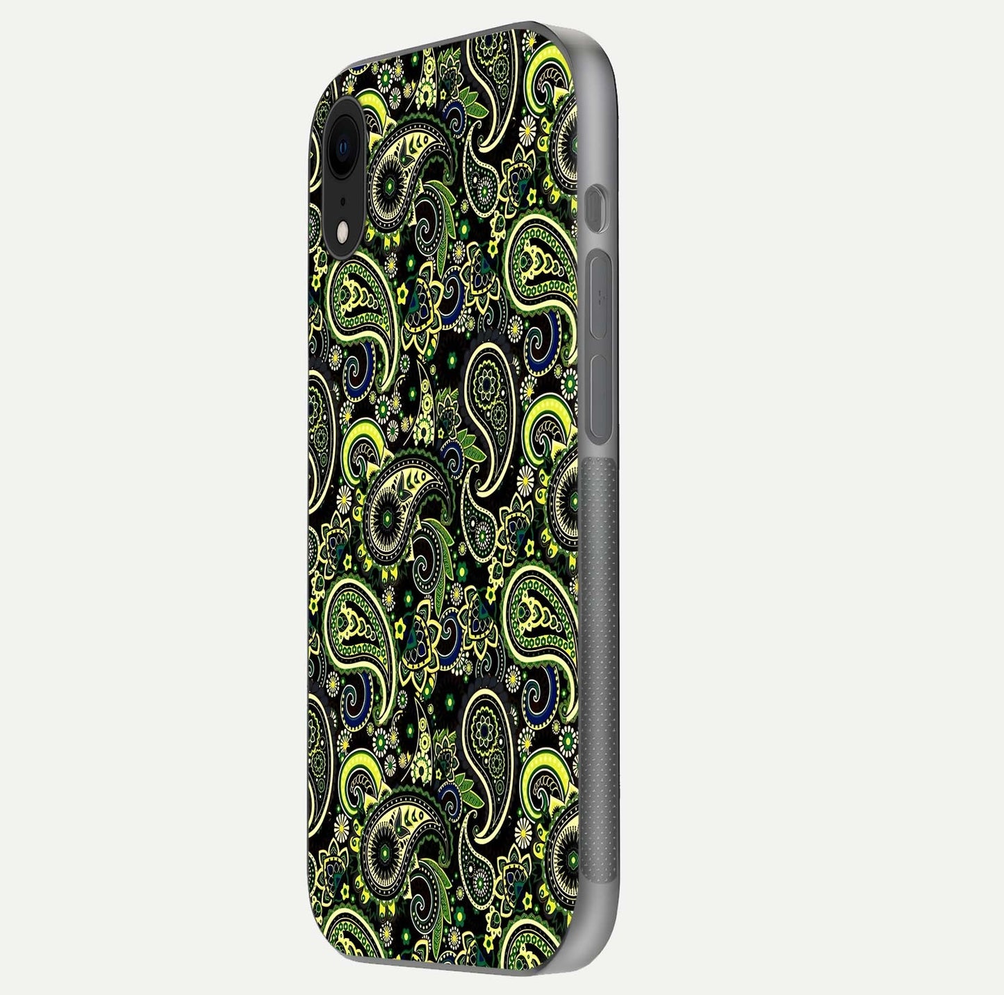 Green Mandala Pattern Glass Case for iPhone Xr side-angle image showing reflection clarity and detailed pattern lines