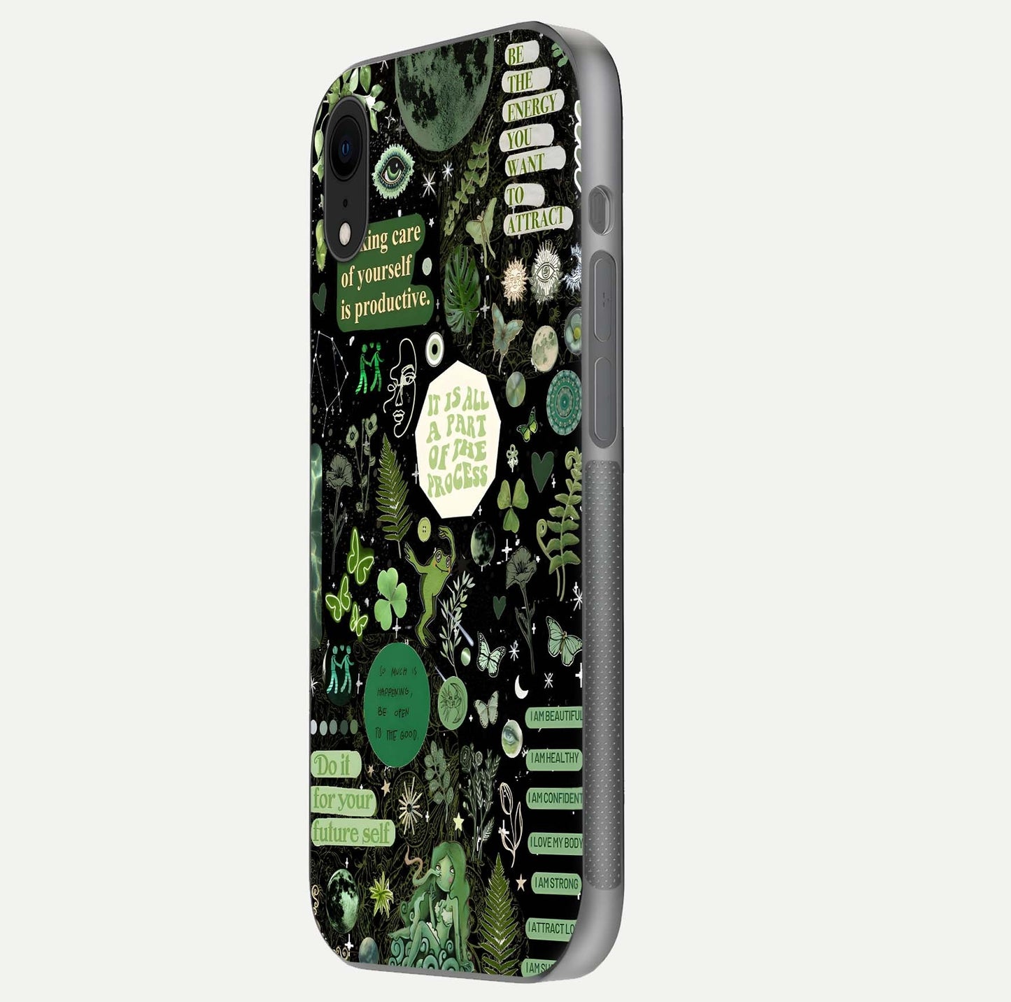 Green Moon Energy Glass Case for iPhone Xr side-angle image showing reflection brilliance and curved finish