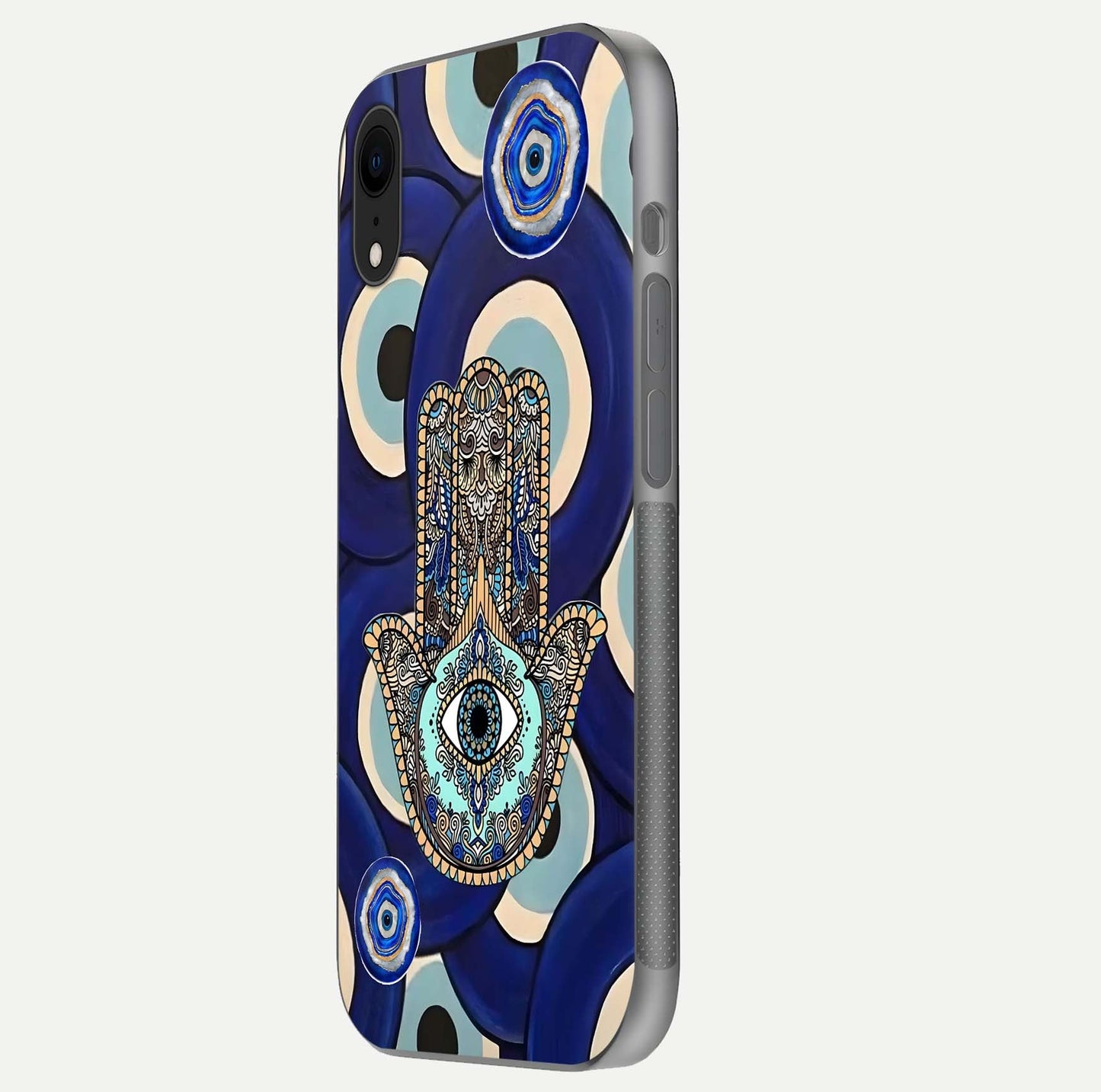 Hamsa Divine Guard Glass Case for iPhone Xr side-angle image showing reflection brilliance and protective design