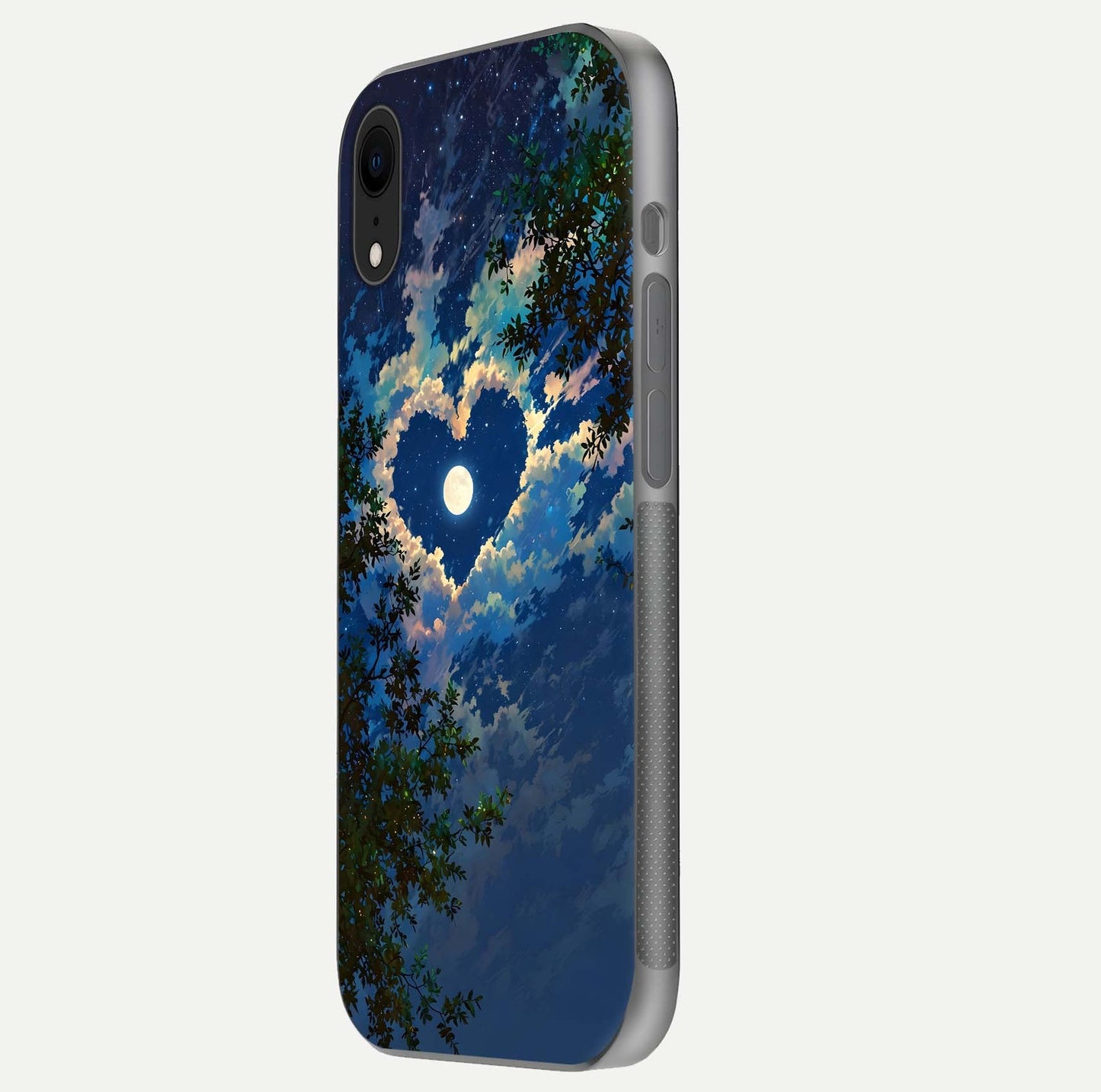 Heart with Moon Sky Glass Case for iPhone Xr side-angle image showing reflection brightness and soft tone finish