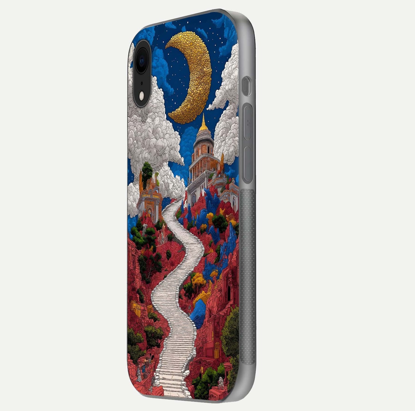 Heavenly Moon Path Glass Case for iPhone Xr side-angle image showing reflection clarity and serene moon glow