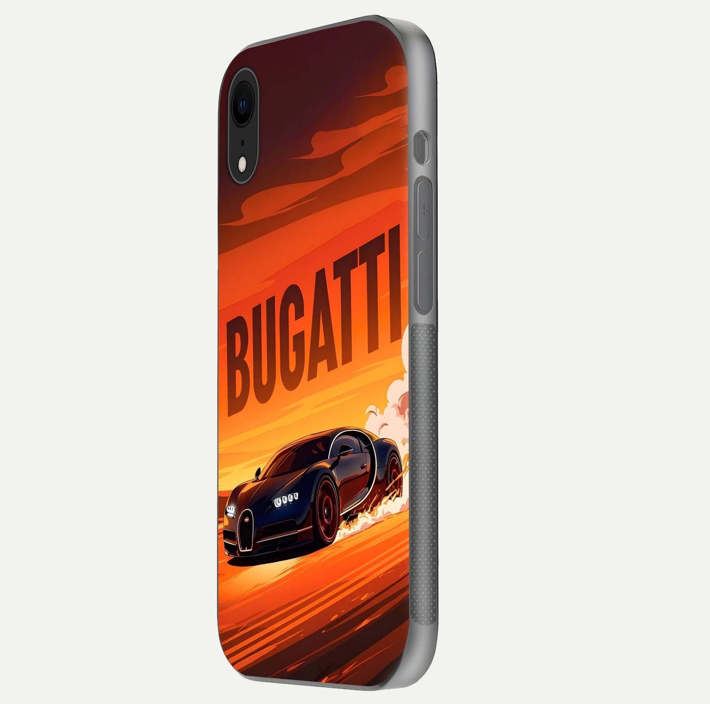 Inferno Bugatti Storm Glass Case for iPhone Xr side-angle image showing reflection glow and vibrant red tones