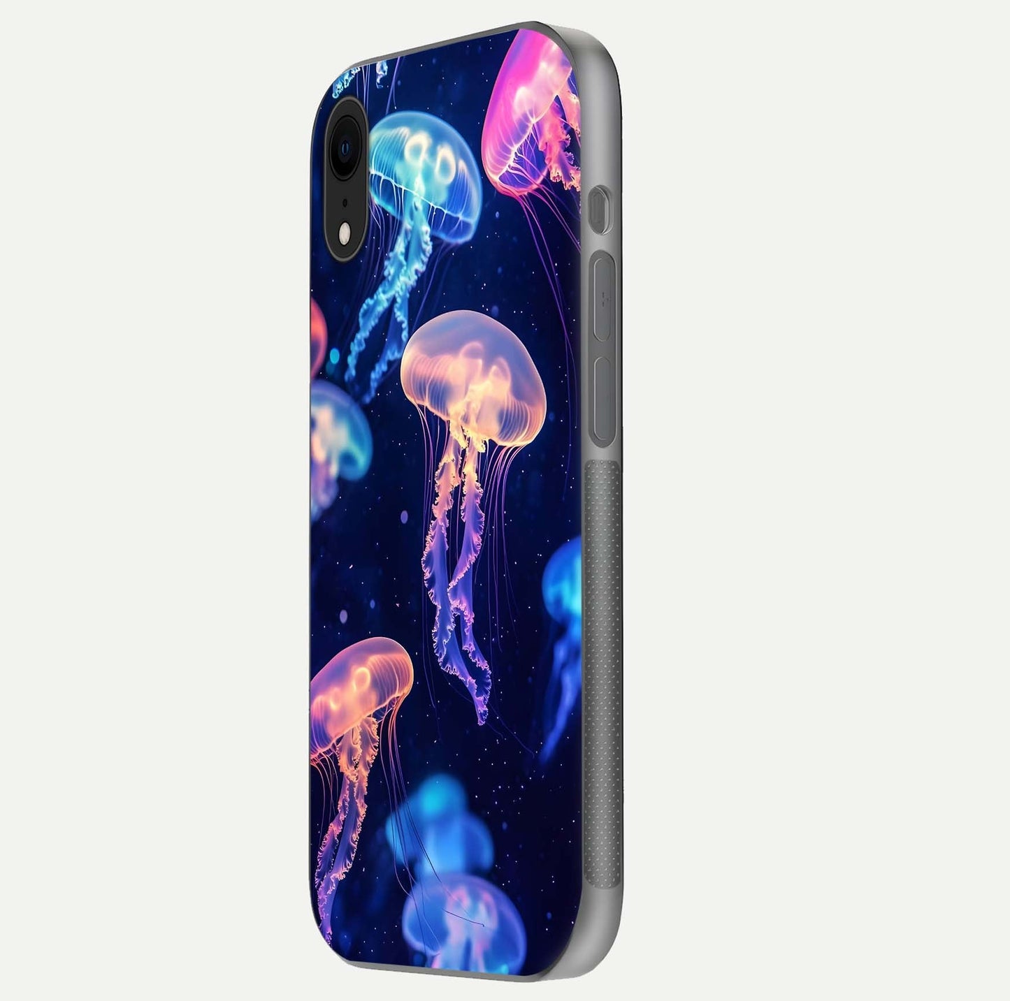 Jellyfish Pattern Glass Case for iPhone Xr side-angle image showing reflection glow and soft water-blue gradient