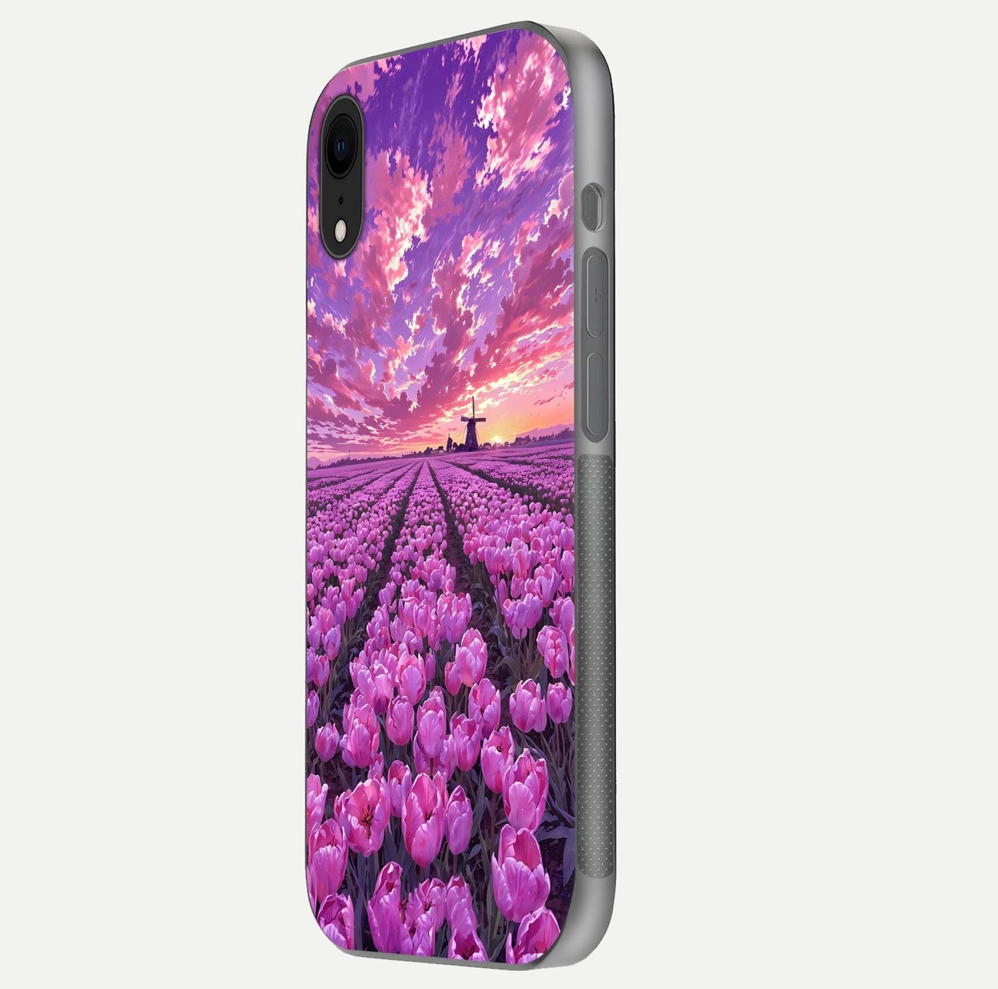Lavender Dream Skies Glass Case for iPhone Xr side-angle image showing reflection depth and serene tones
