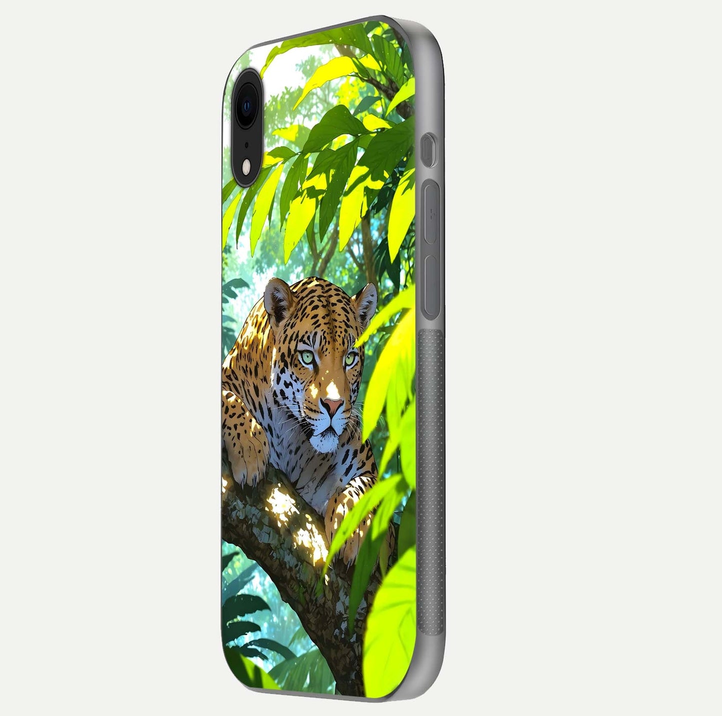 Leopard in Jungle Glass Case for iPhone Xr side-angle shot emphasizing contrast and fierce design clarity