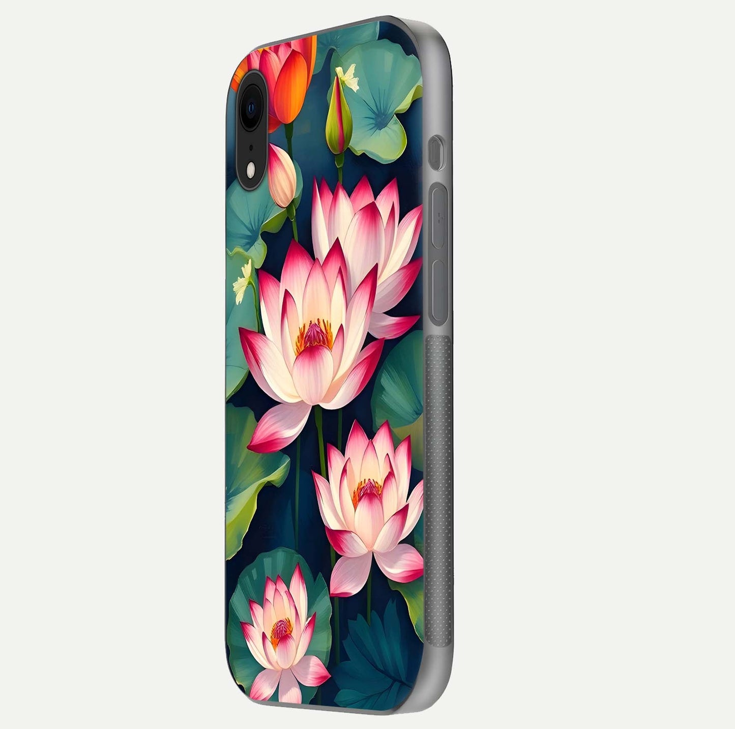 Lotus Dream Serenity Glass Case for iPhone Xr side-angle image revealing reflection clarity and calm tones