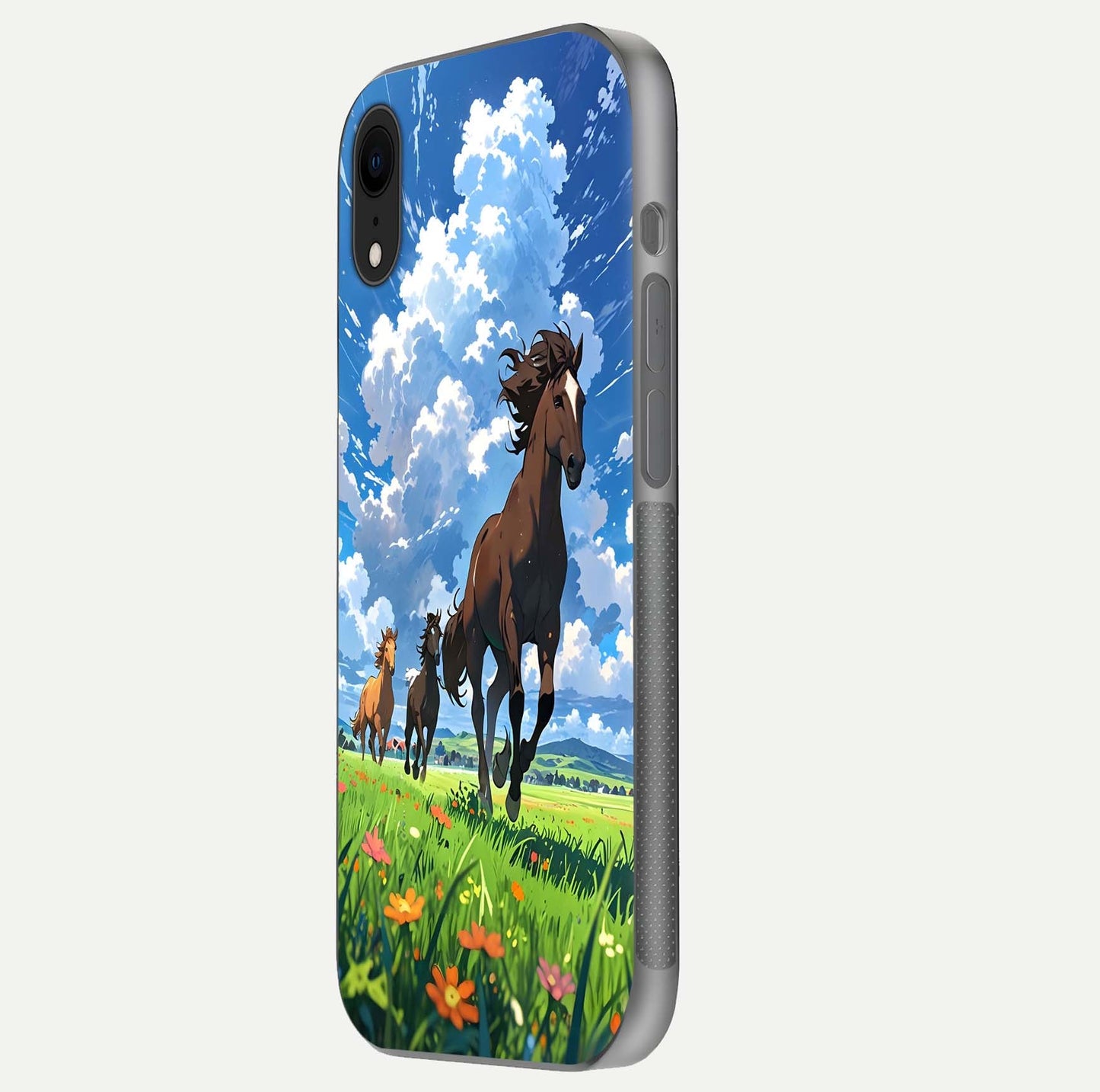 Majestic Horses Galloping Glass Case for iPhone Xr side-angle shot emphasizing reflection and running artwork