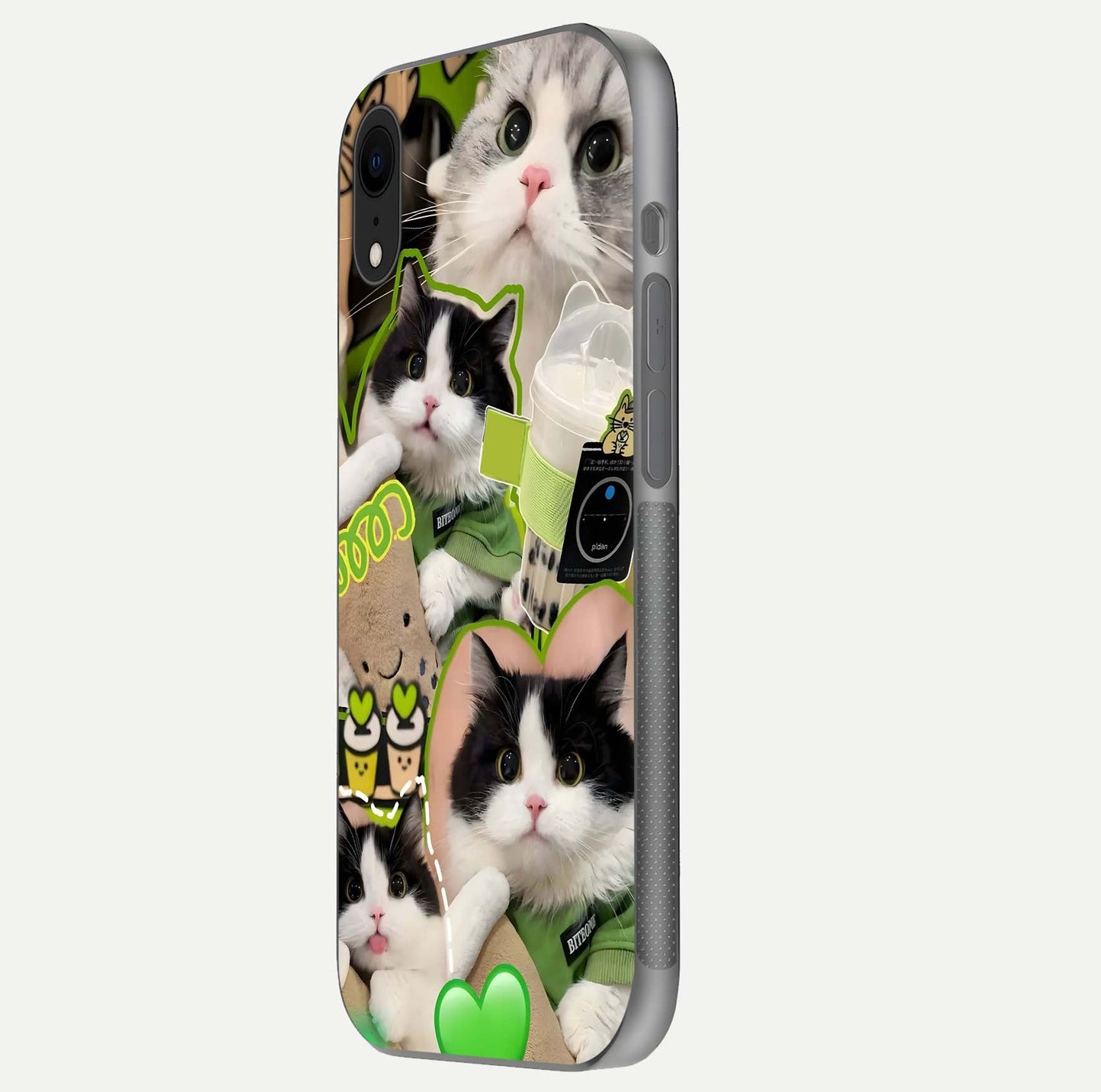 Matcha Cats Mood Glass Case for iPhone Xr side-angle image showing shine clarity and cat pattern charm