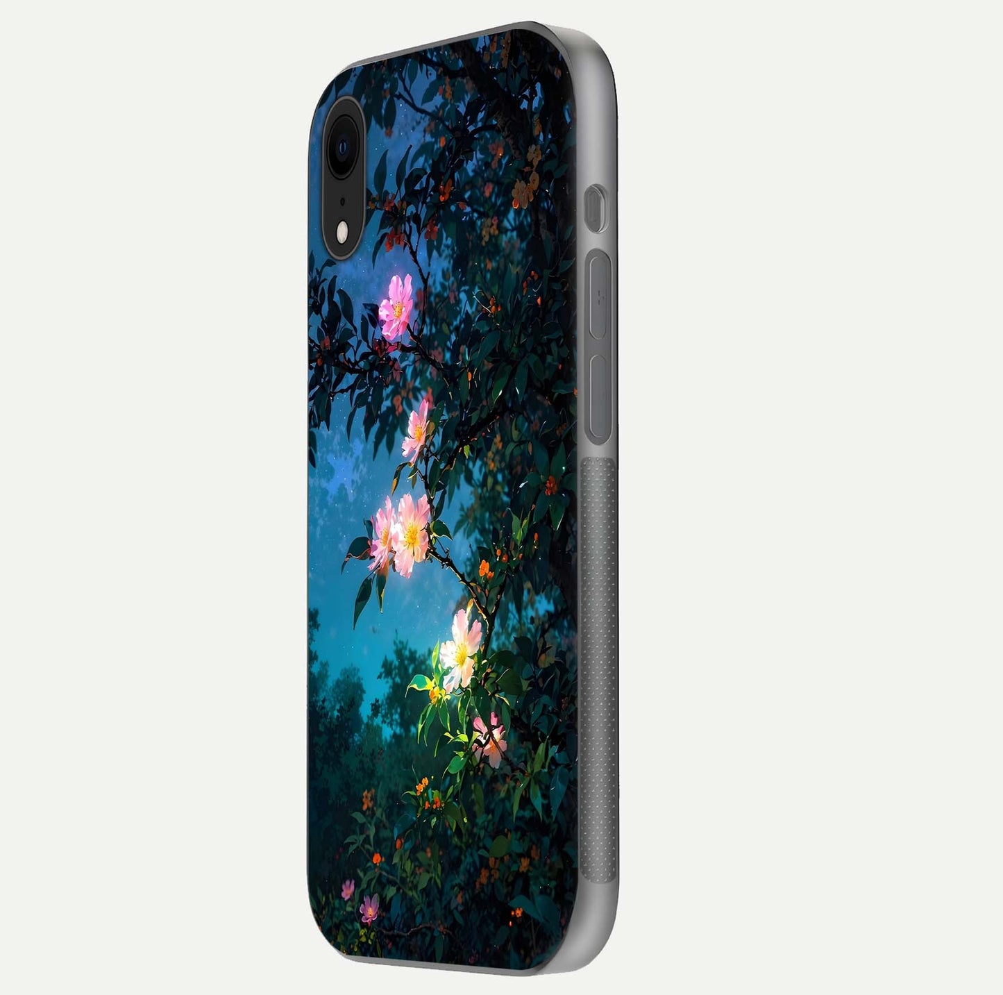 Midnight Bloom Glow Glass Case for iPhone Xr side-angle image revealing reflection and deep midnight hues