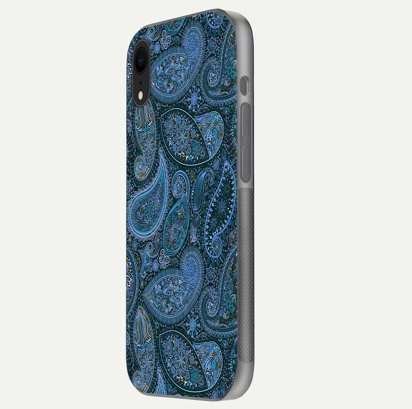 Midnight Paisley Glow Glass Case for iPhone Xr side-angle image revealing reflective gloss and paisley art