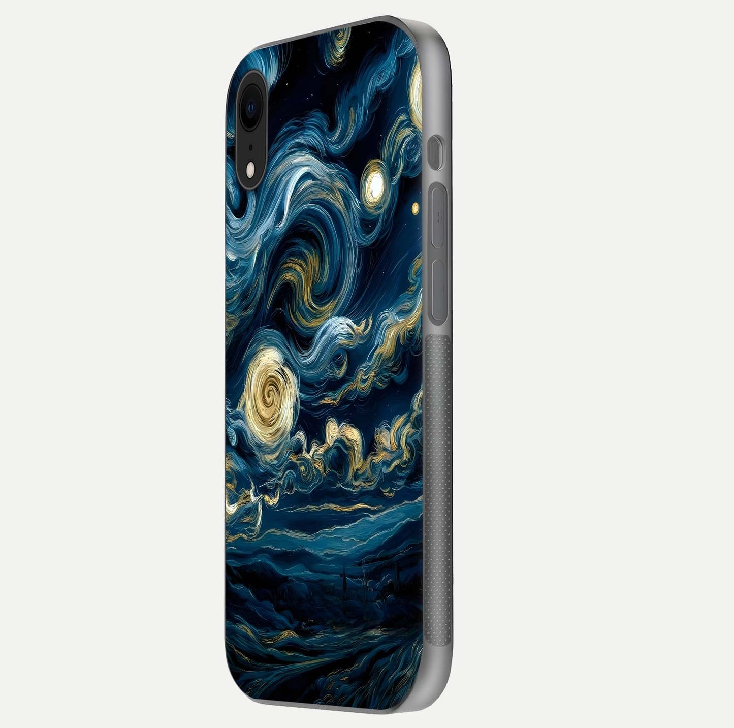 Midnight Sky Whirl Glass Case for iPhone Xr side-angle image showing reflection depth and galaxy pattern