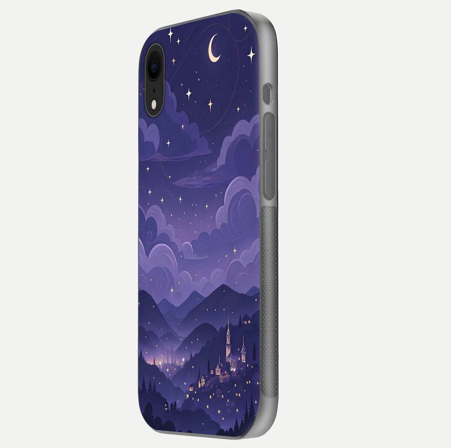 Minimal Night View Glass Case for iPhone Xr side-angle image showing subtle reflection and urban design