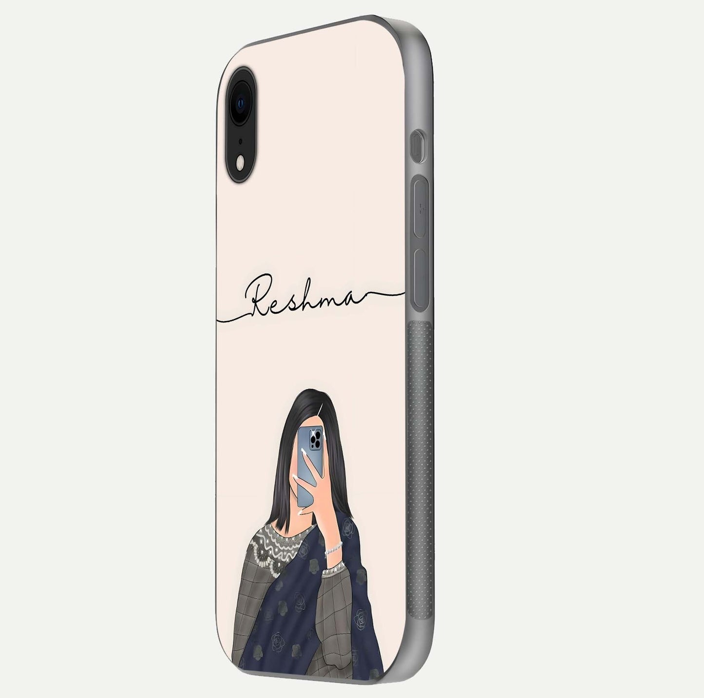 Mirror Mood Muse Custom Name Glass Case for iPhone Xr side-angle image emphasizing glossy mirror texture