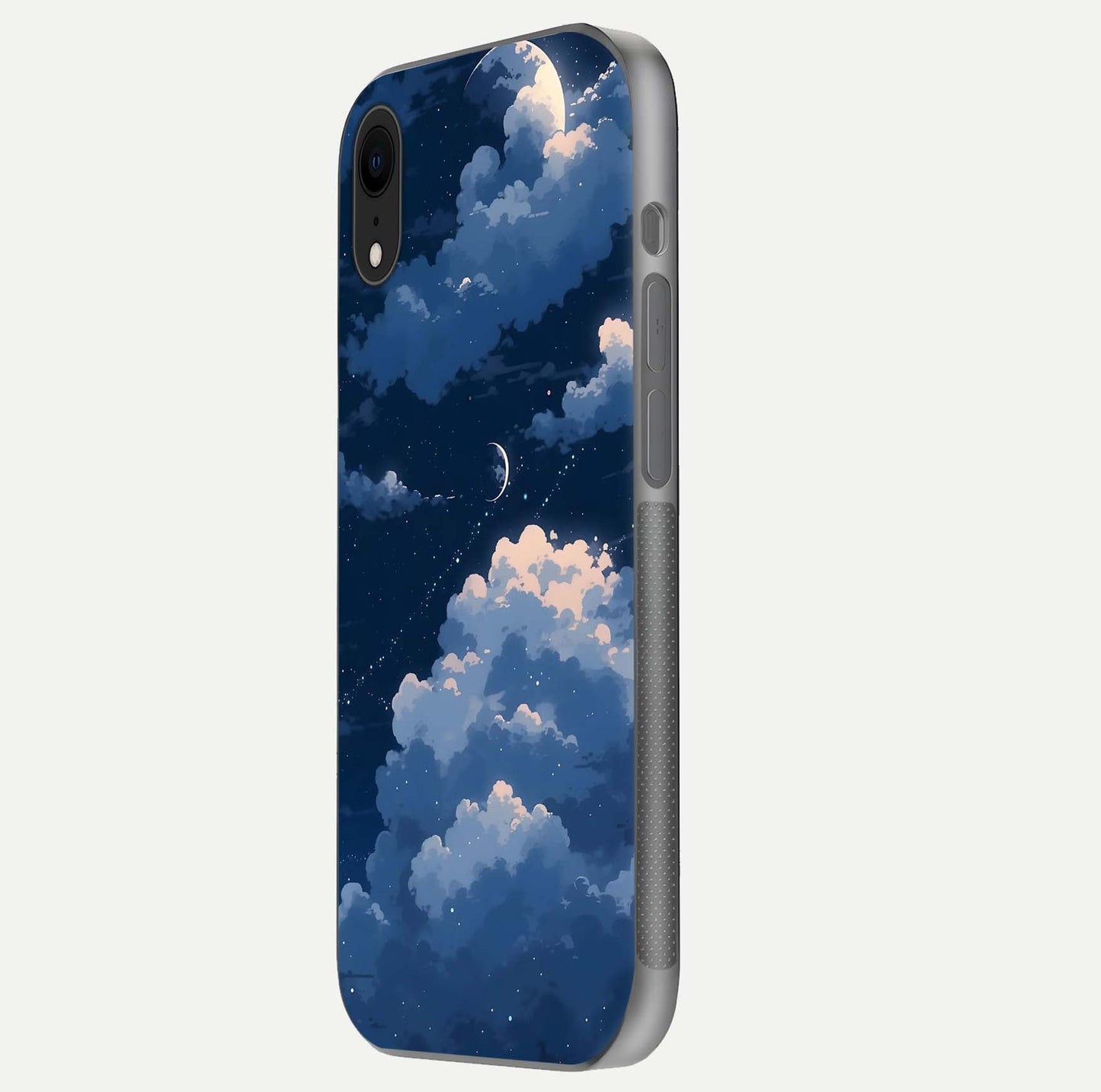 Moon Dream Haze Glass Case for iPhone Xr side-angle image showing HD reflection and moonlight detailing
